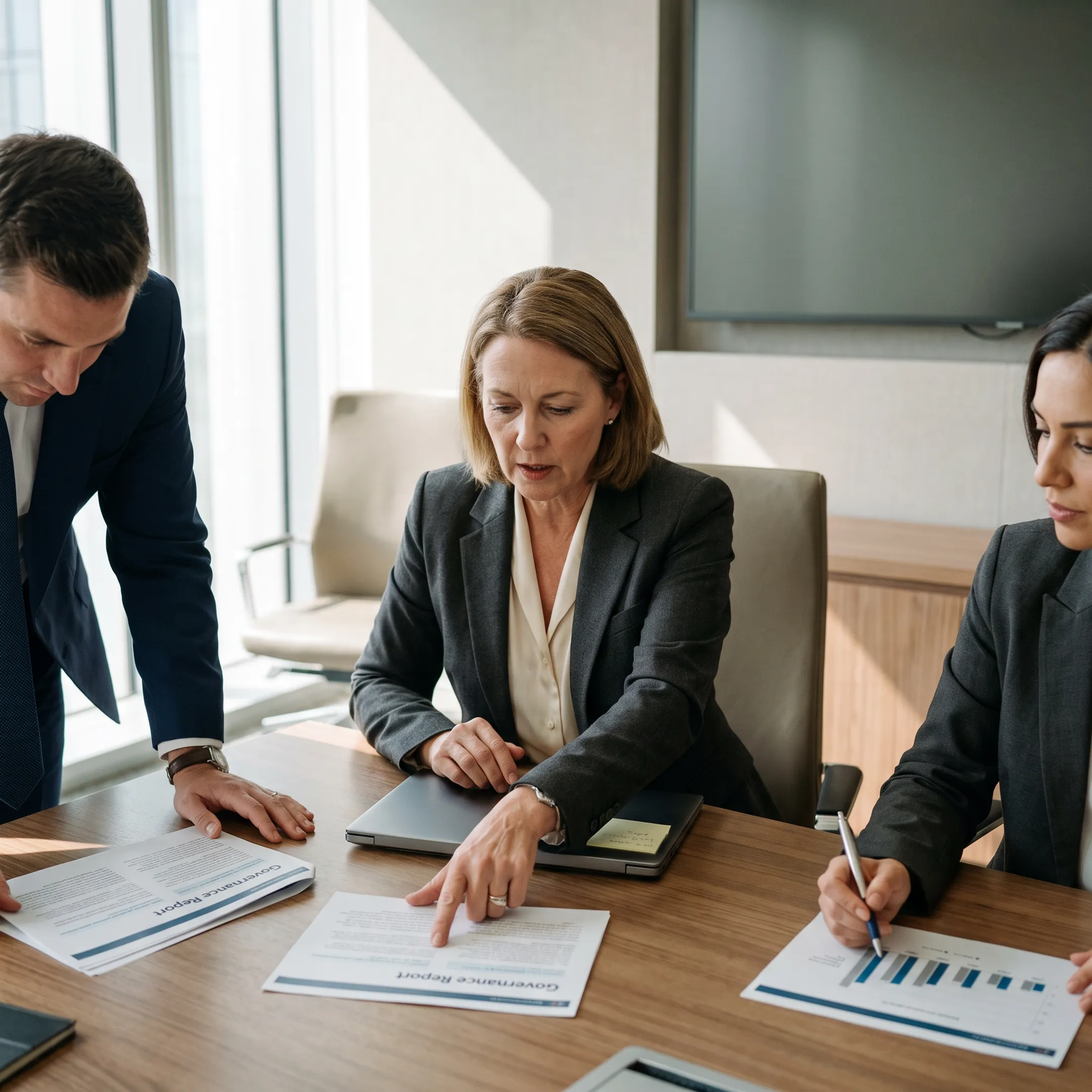 Executive risk management meeting in a modern corporate boardroom