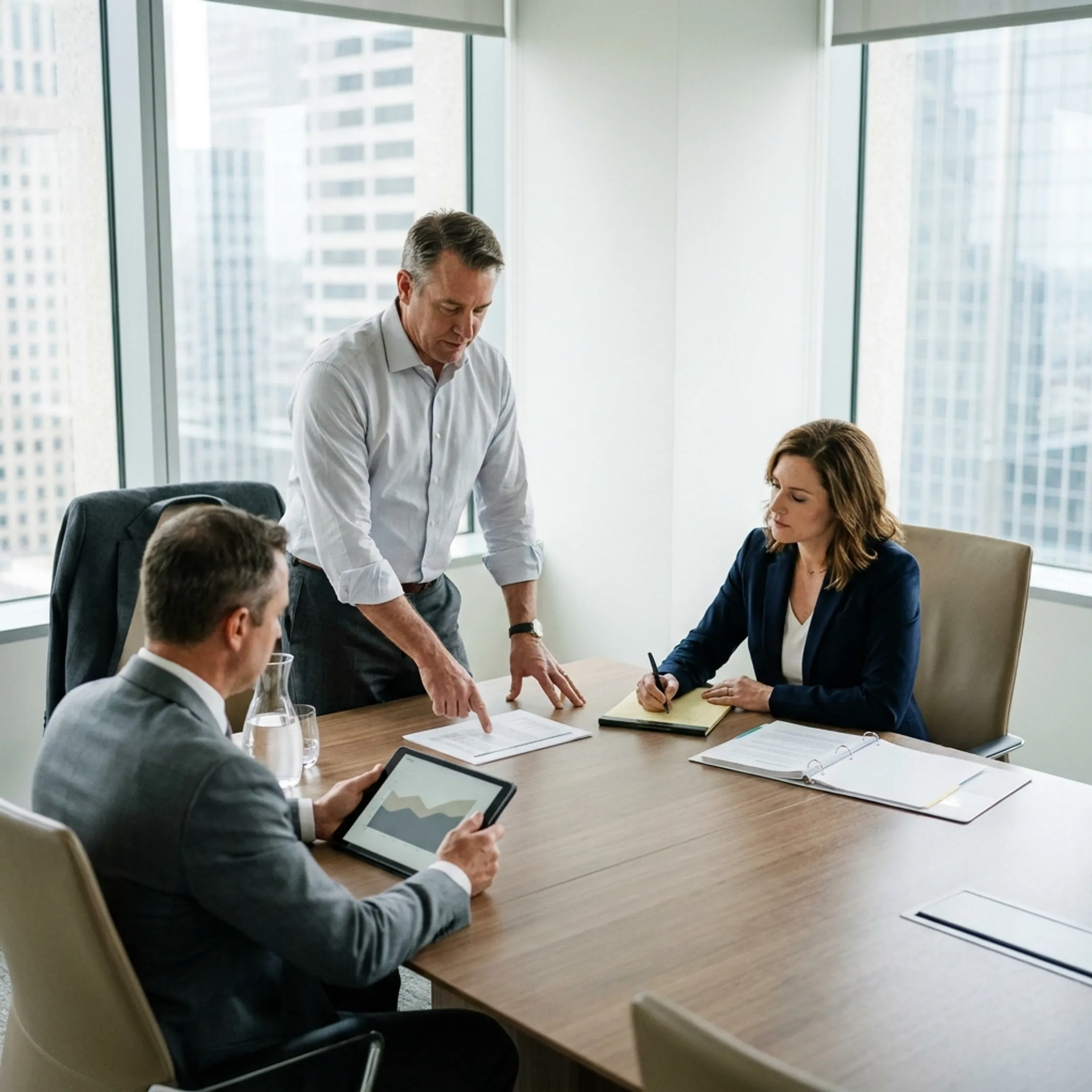 Compliance professionals reviewing regulatory documents during an executive staffing consultation