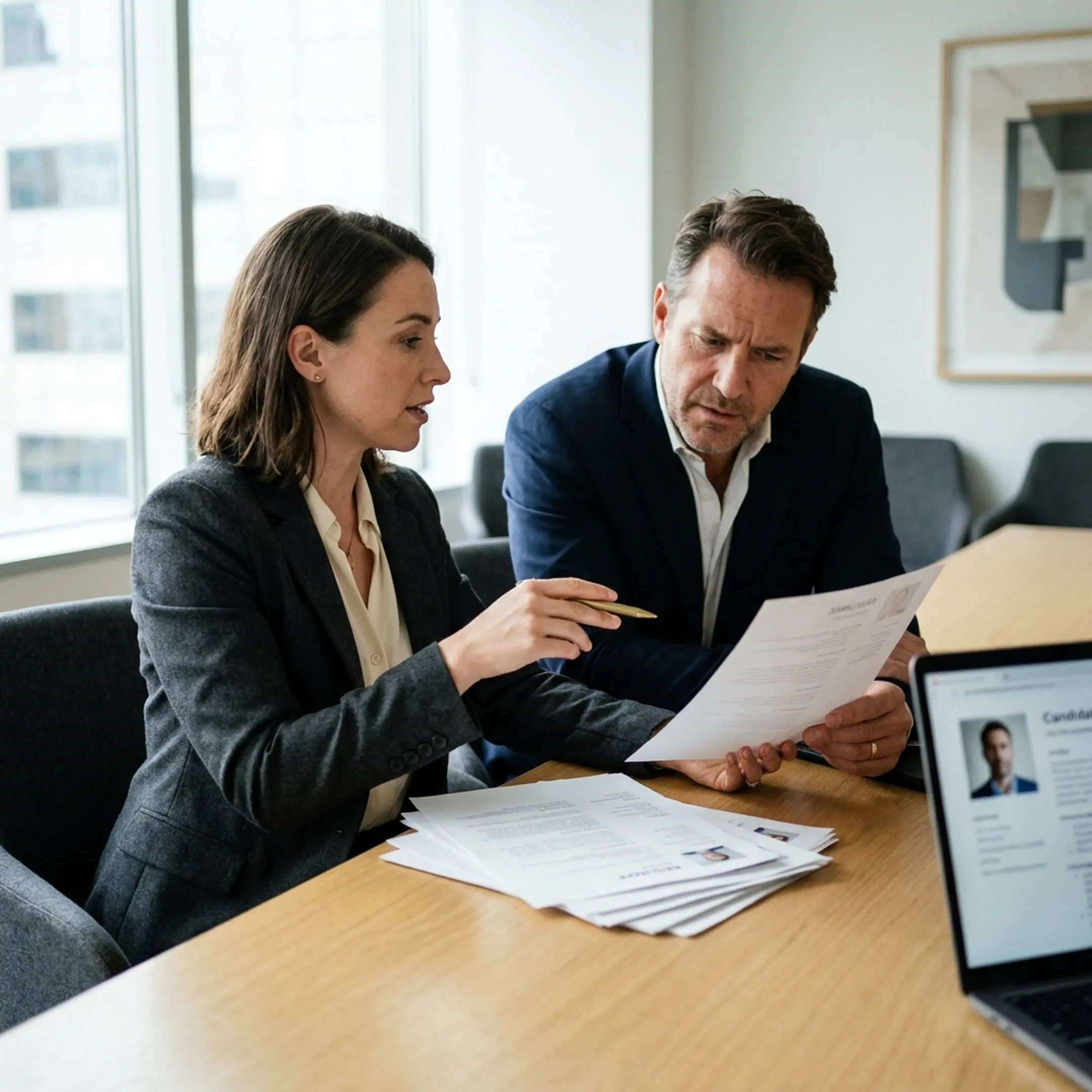 Technical hiring manager and recruiter reviewing cybersecurity candidate profiles