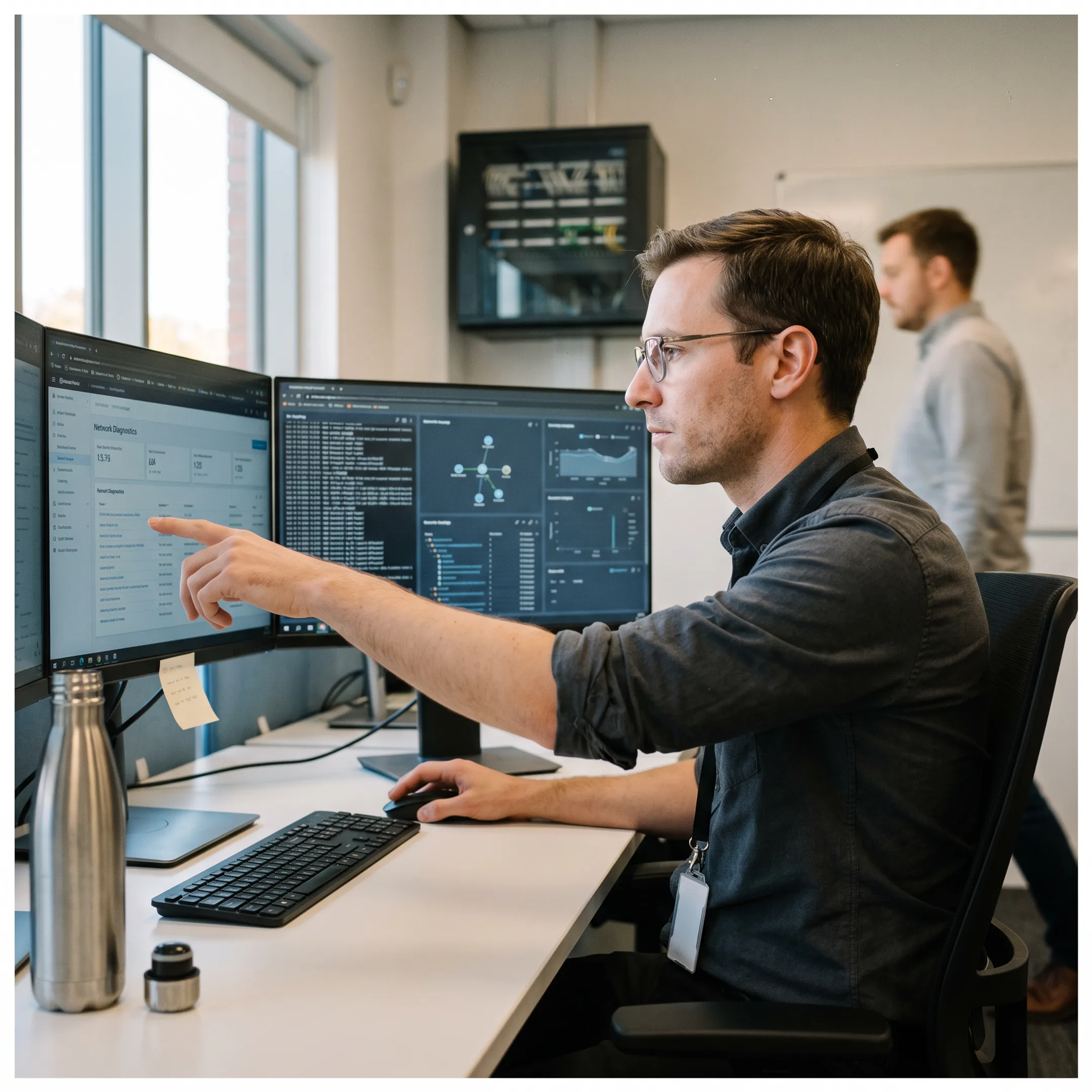 Cybersecurity engineer analyzing threat telemetry and system logs on high-tech monitors