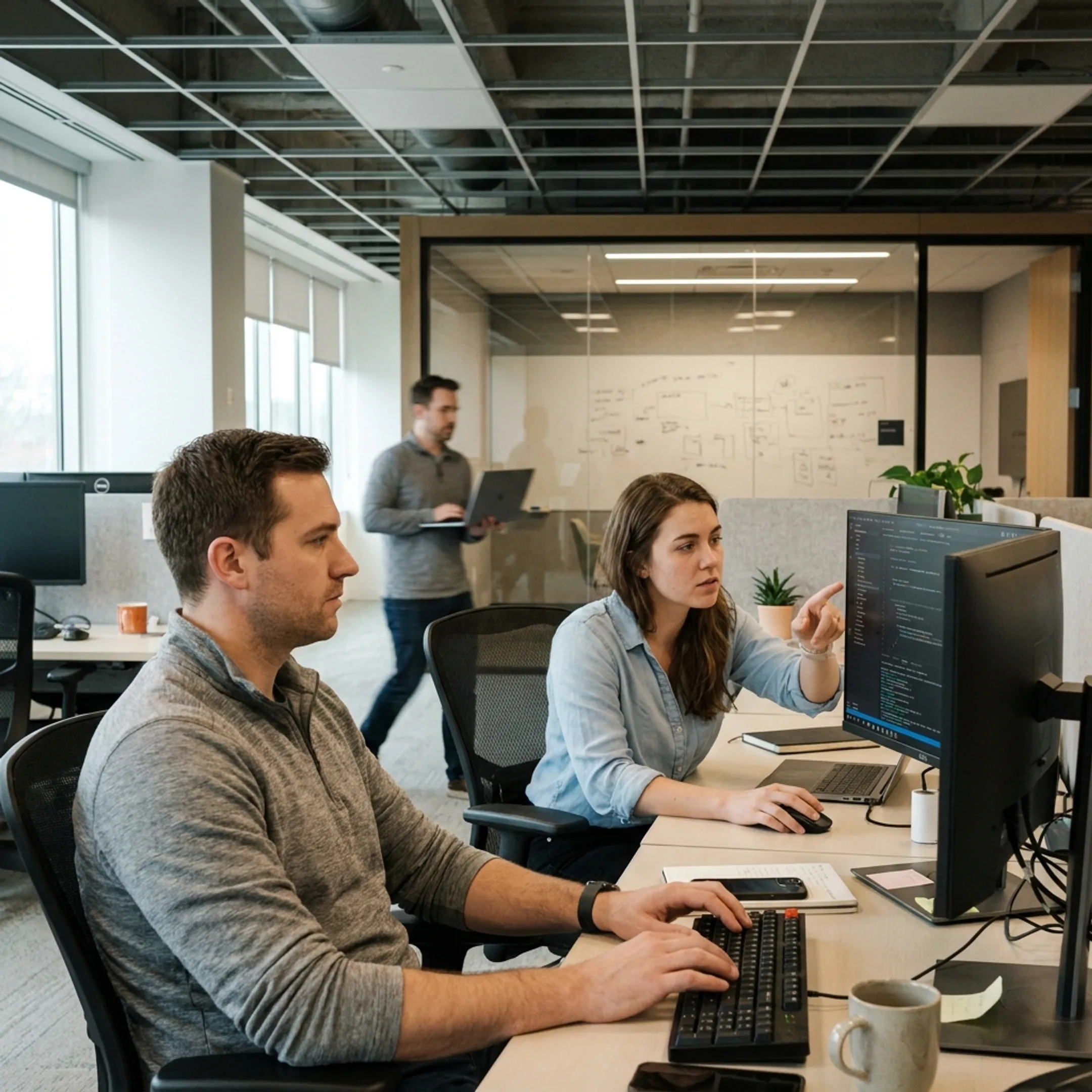 Software developers and programmers collaborating on code at modern workstations