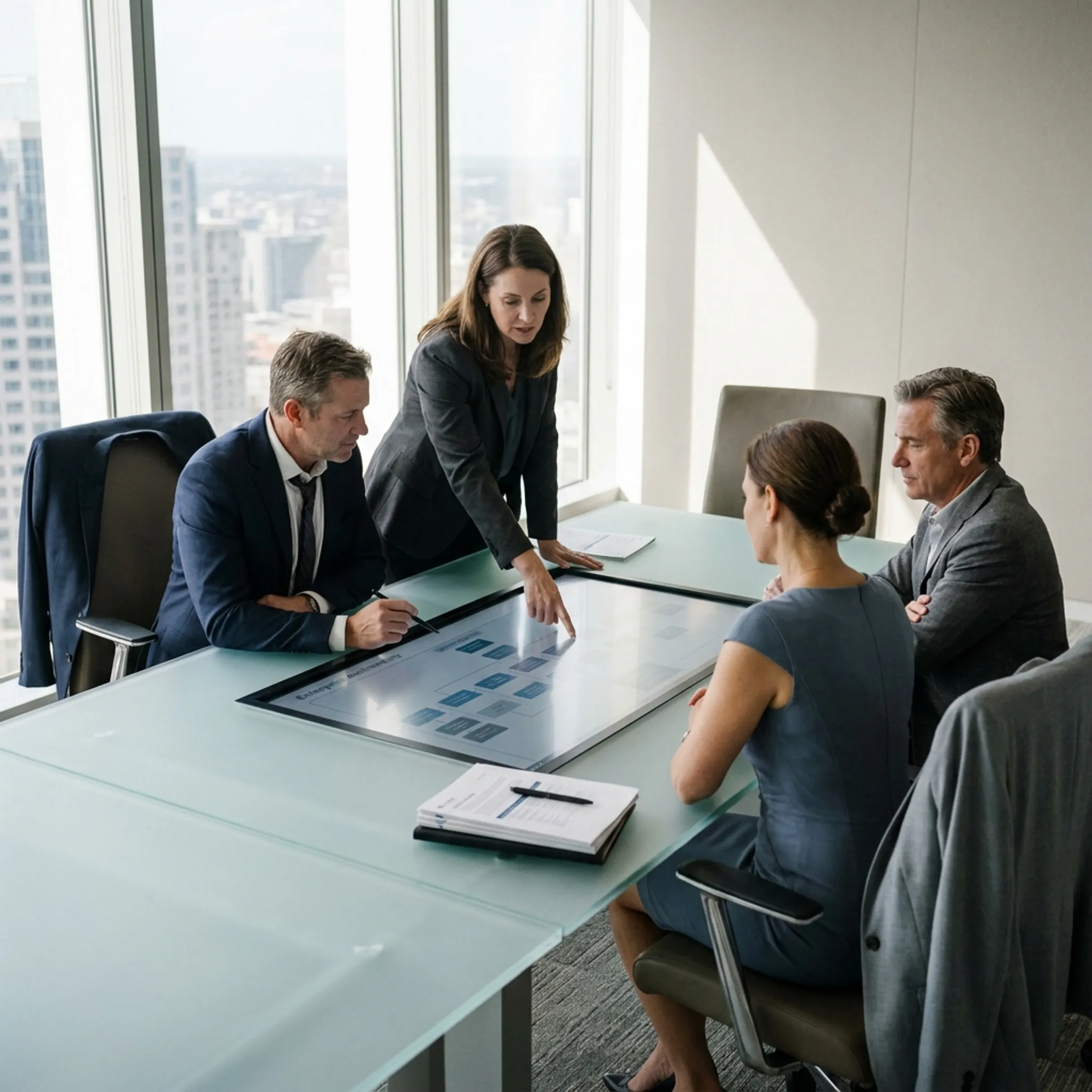 Executive leadership meeting in modern boardroom discussing enterprise technology strategy