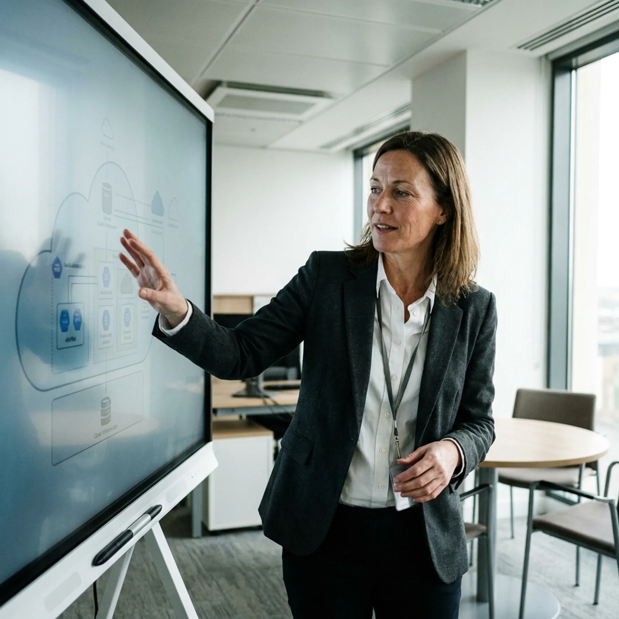 Senior technology executive reviewing digital infrastructure roadmap on digital display