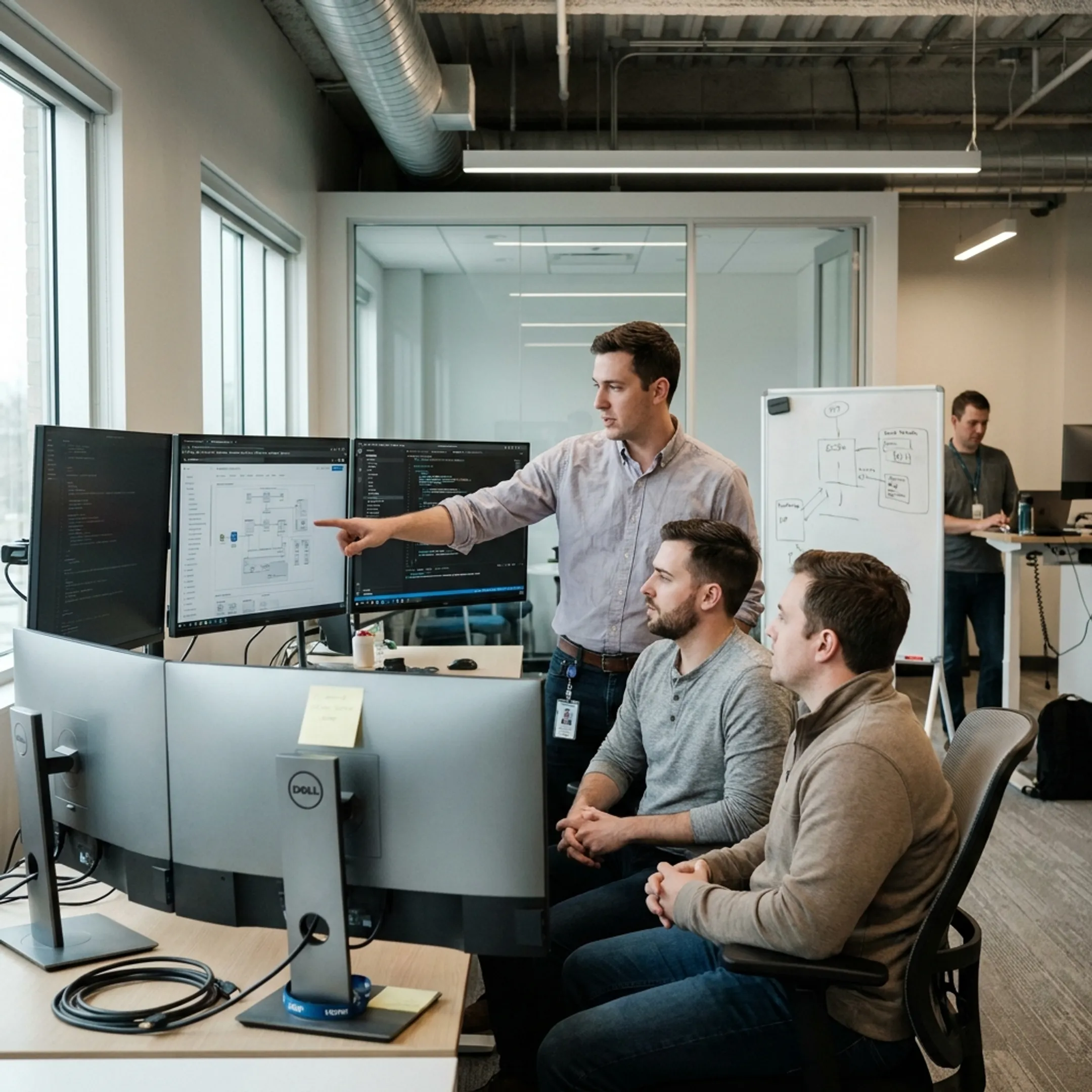 Software engineers collaborating around code displays