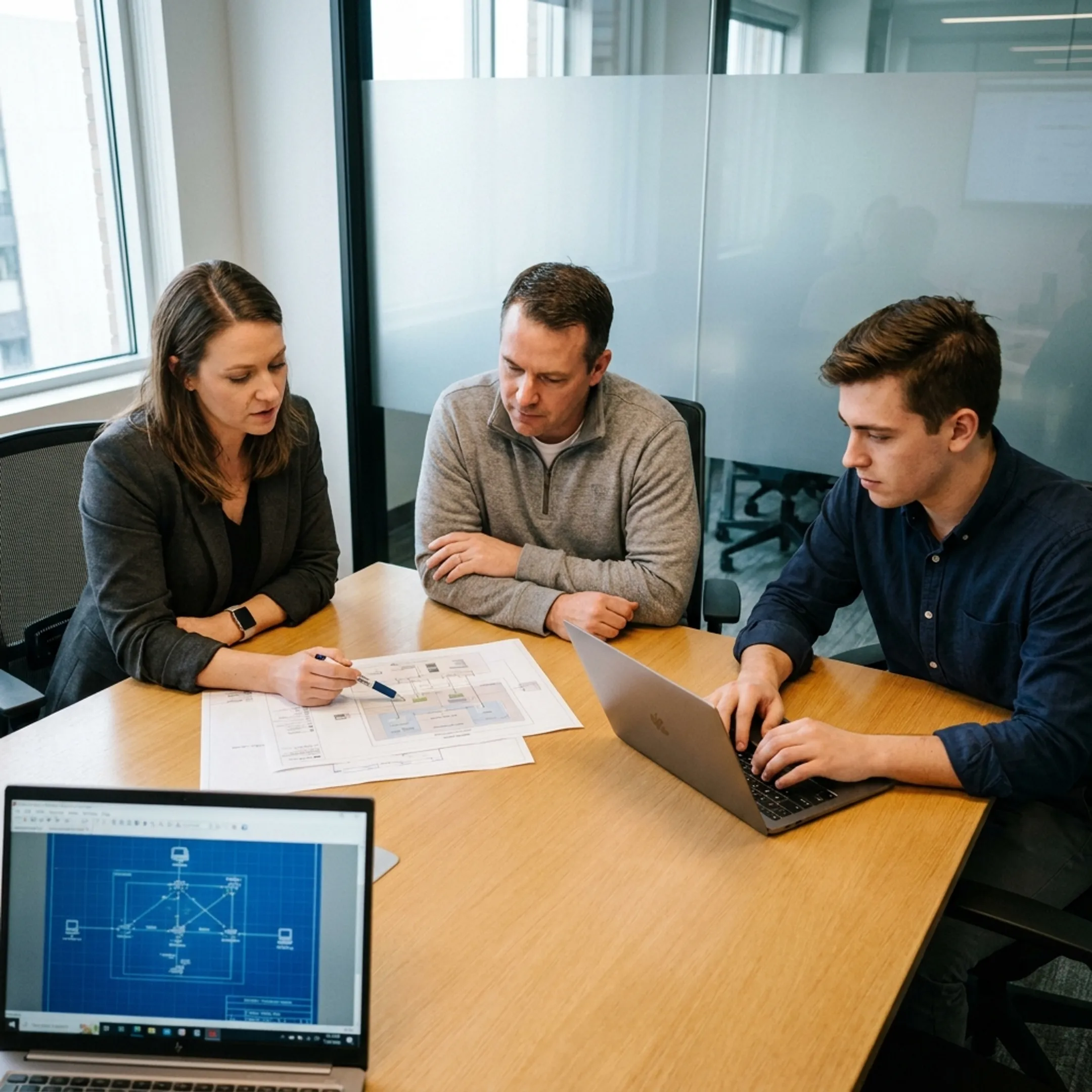 Enterprise technical development team collaborating on infrastructure architecture blueprints