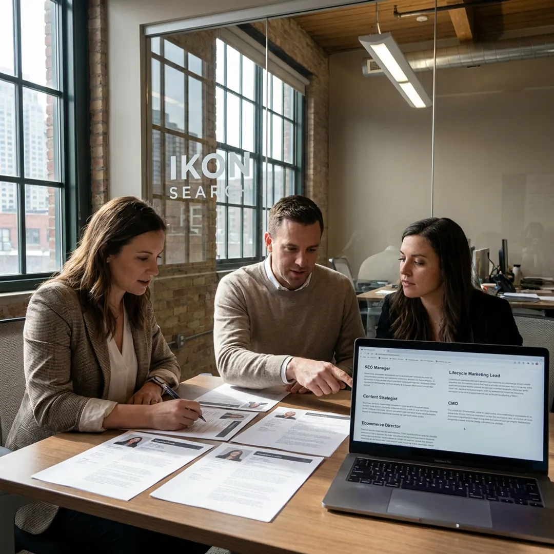 Marketing recruiting team reviewing candidate profiles in Chicago