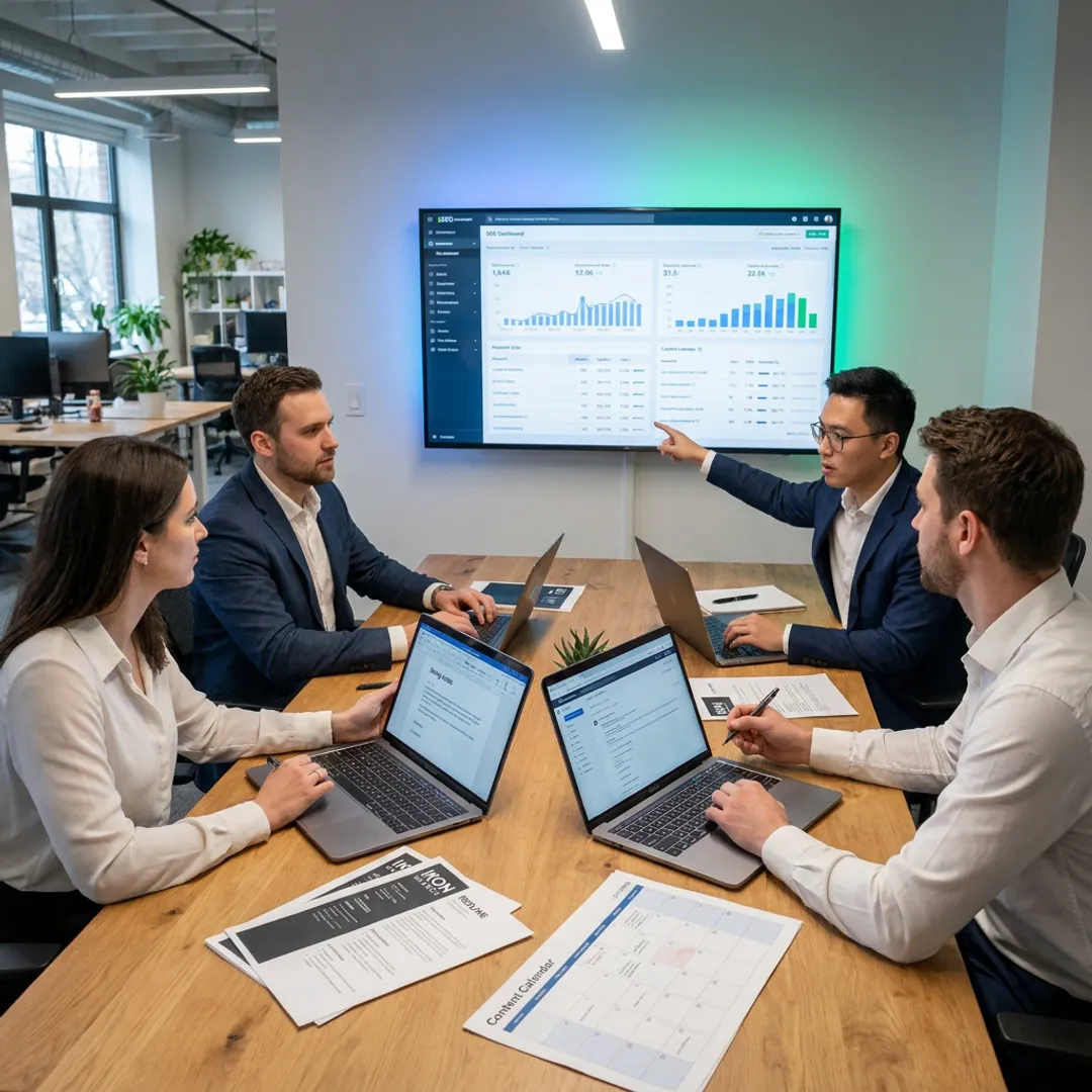 Startup marketing team reviewing content strategy candidates