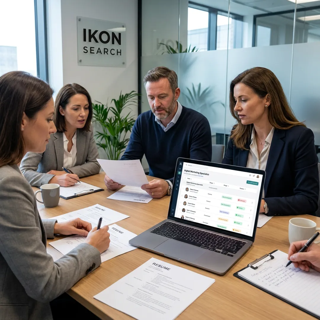 Recruitment team discussing digital marketing hiring strategy