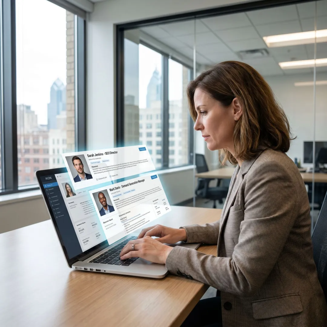 Recruiter reviewing marketing candidate profiles