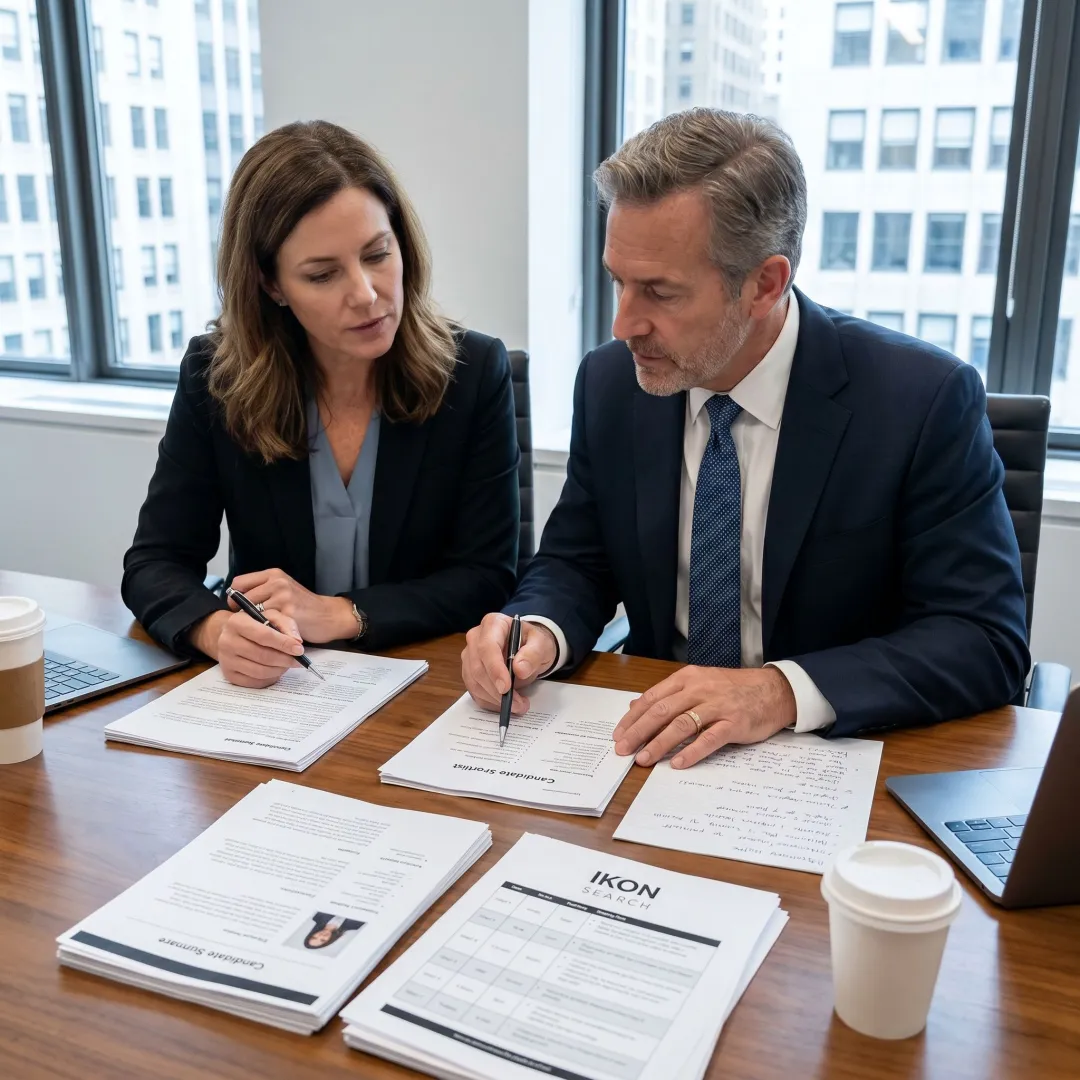 Recruiter reviewing HR candidate shortlist with hiring manager