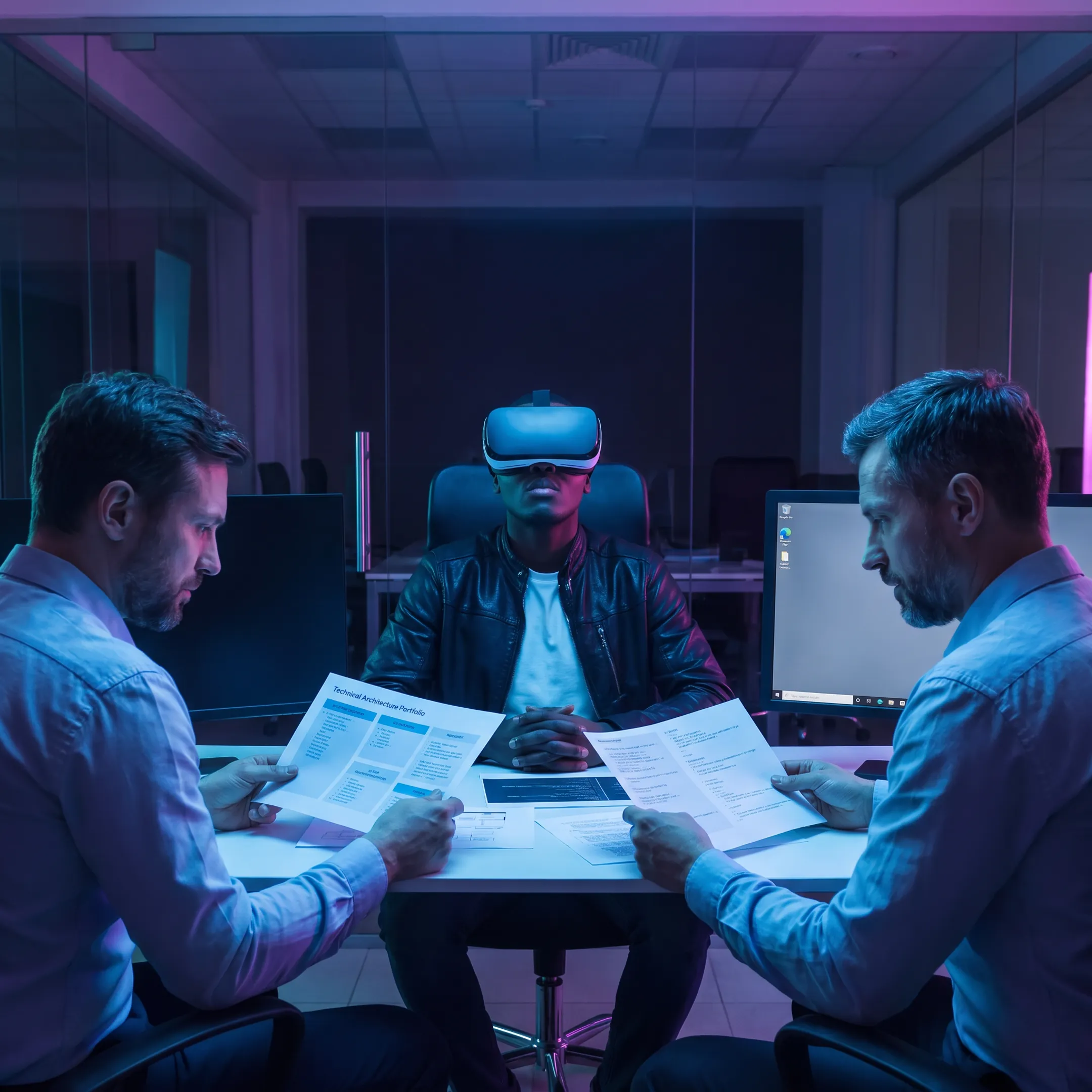 Technical recruiting team reviewing candidate resumes and portfolio benchmarks