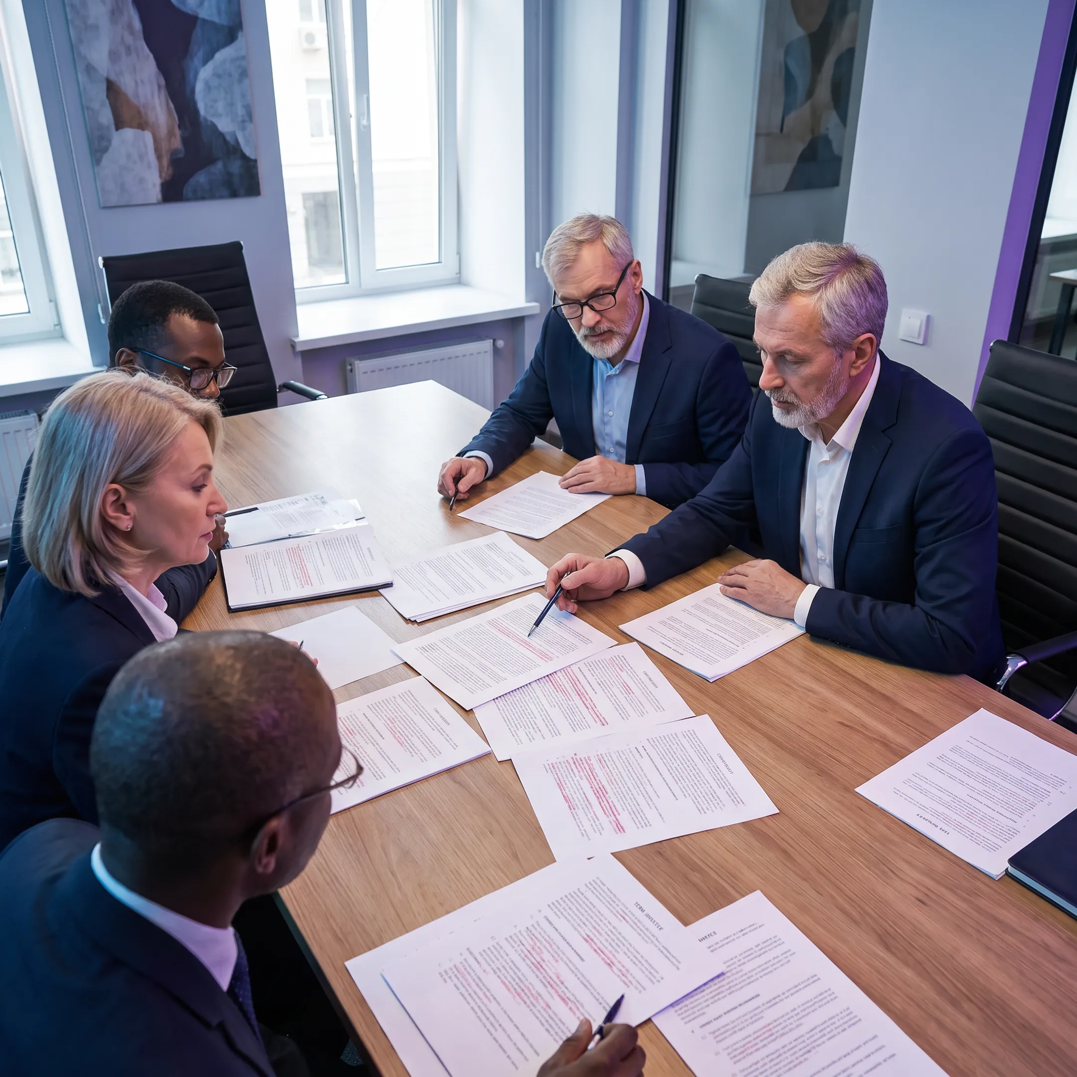 Corporate legal team discussing acquisition agreement details