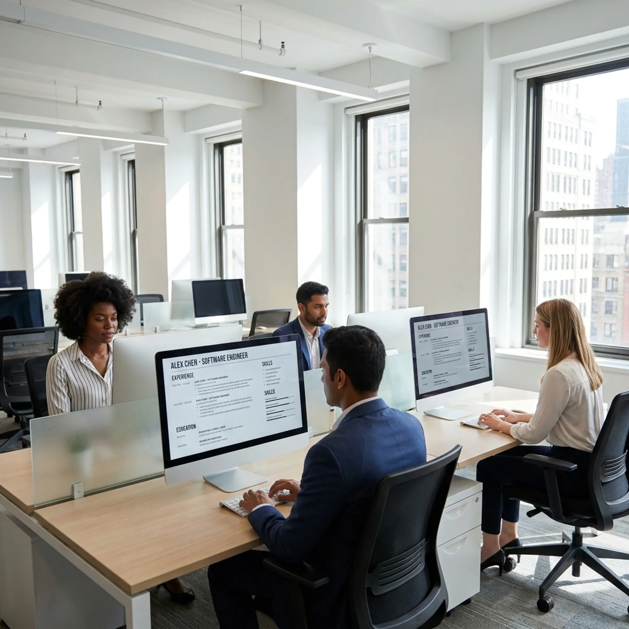 Tech recruitment specialists discussing software engineering candidate portfolios in a modern office