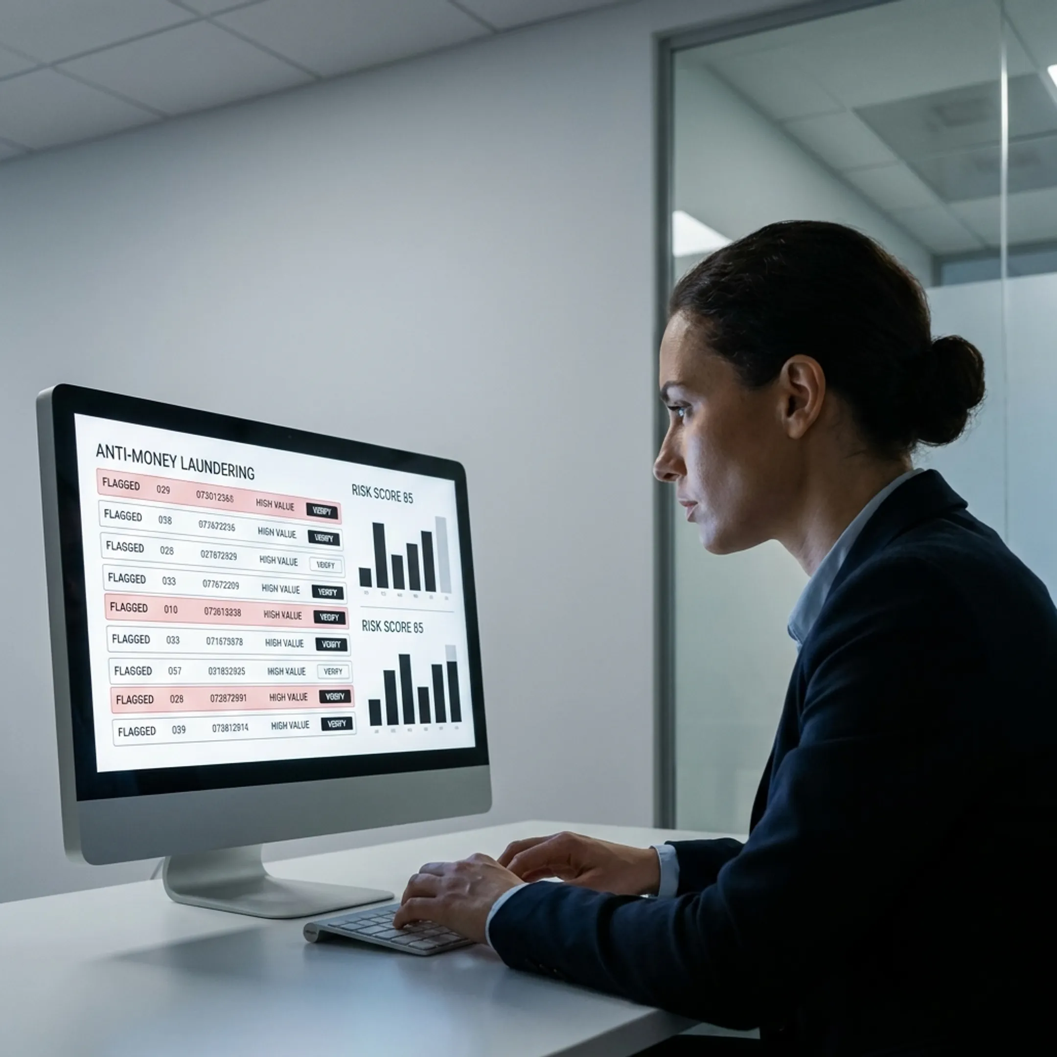 Compliance officers reviewing financial crimes investigations and AML data