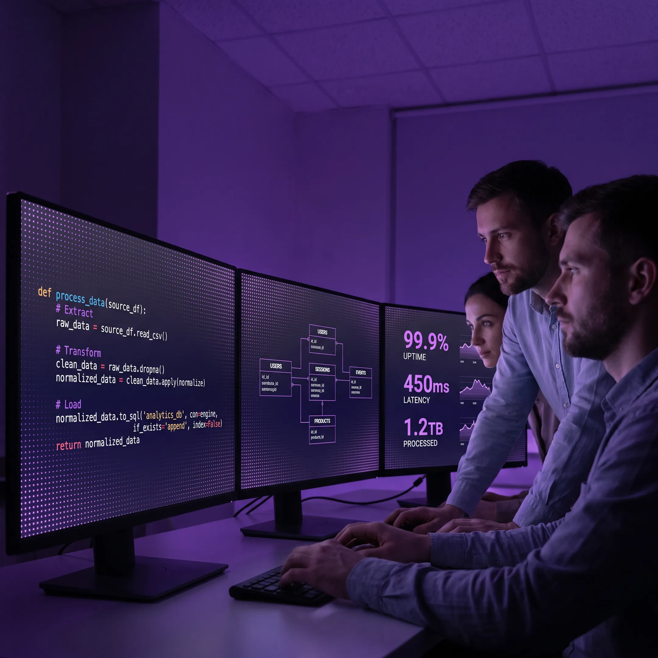 Software development team analyzing data pipeline metrics on digital screens