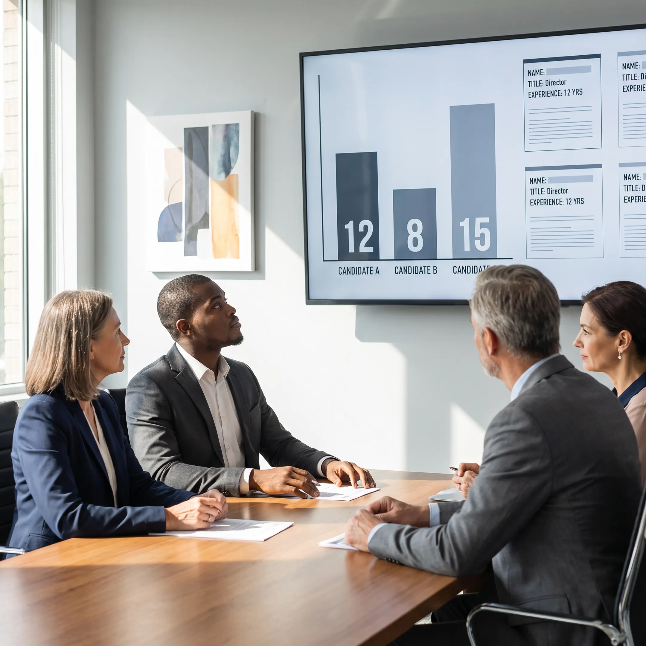 Executive recruiters evaluating quantitative credit risk analytics candidates in a modern office