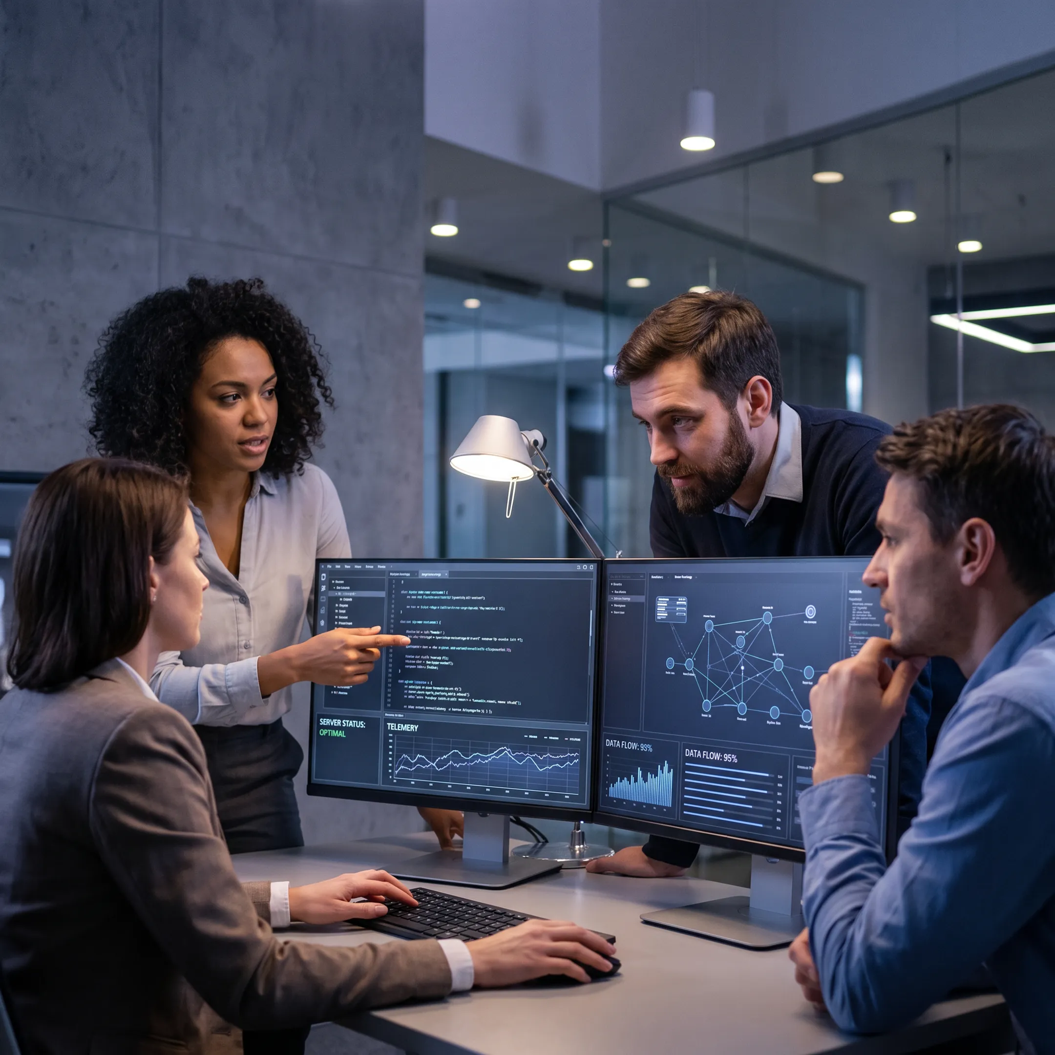 Software engineering team collaborating in an enterprise workspace