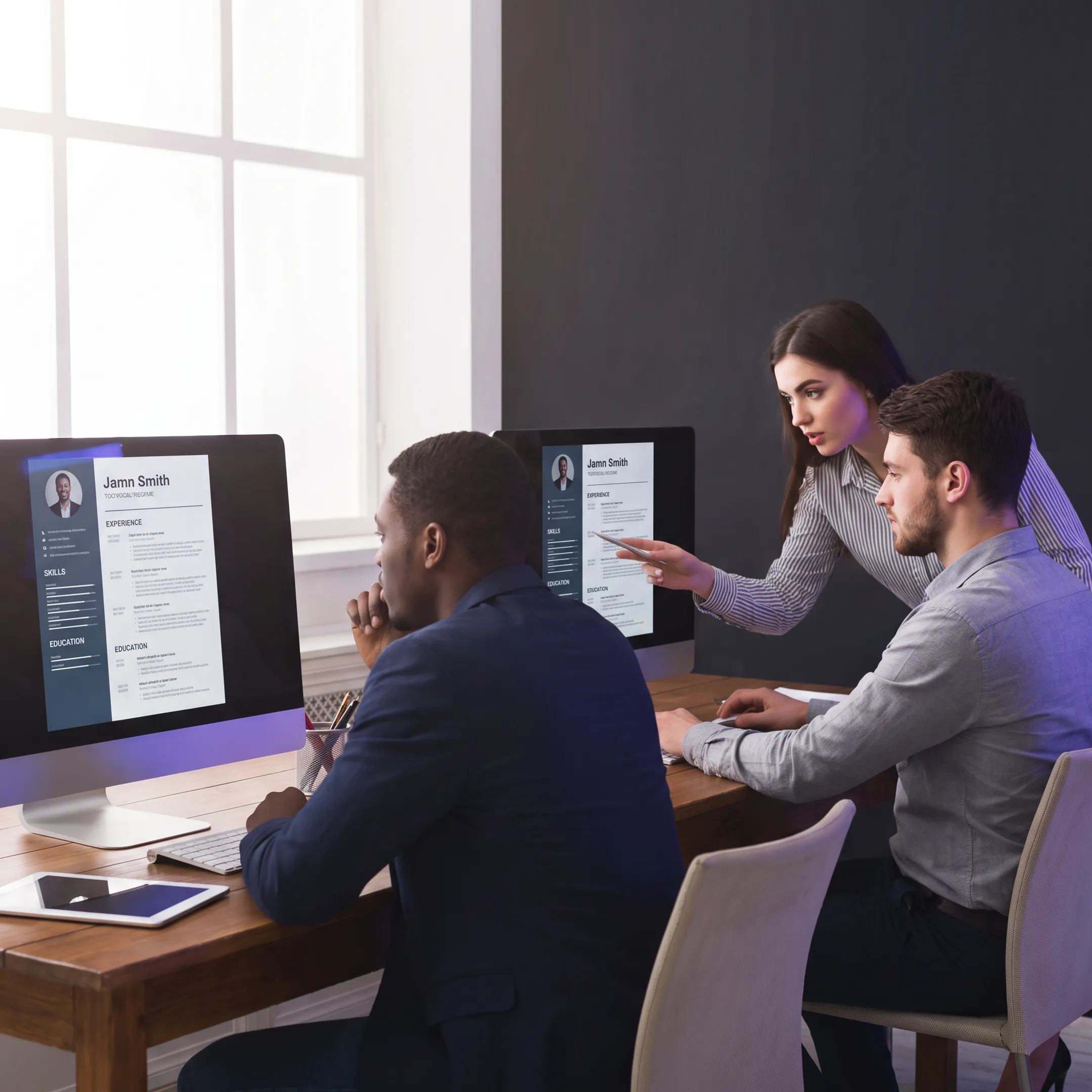 Technical recruitment specialists discussing software engineering candidate qualifications in an office