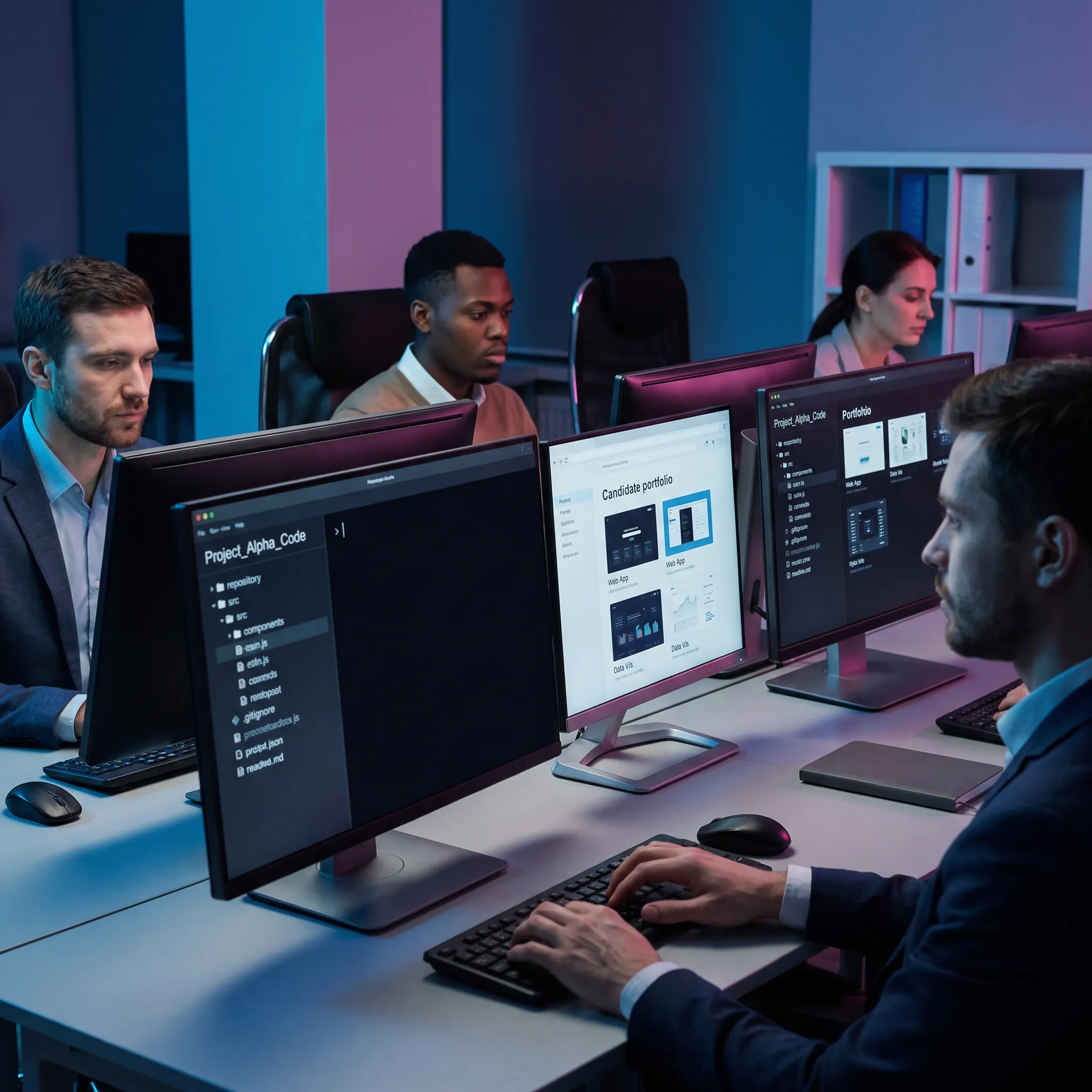 Technology recruitment team reviewing global software engineering candidates