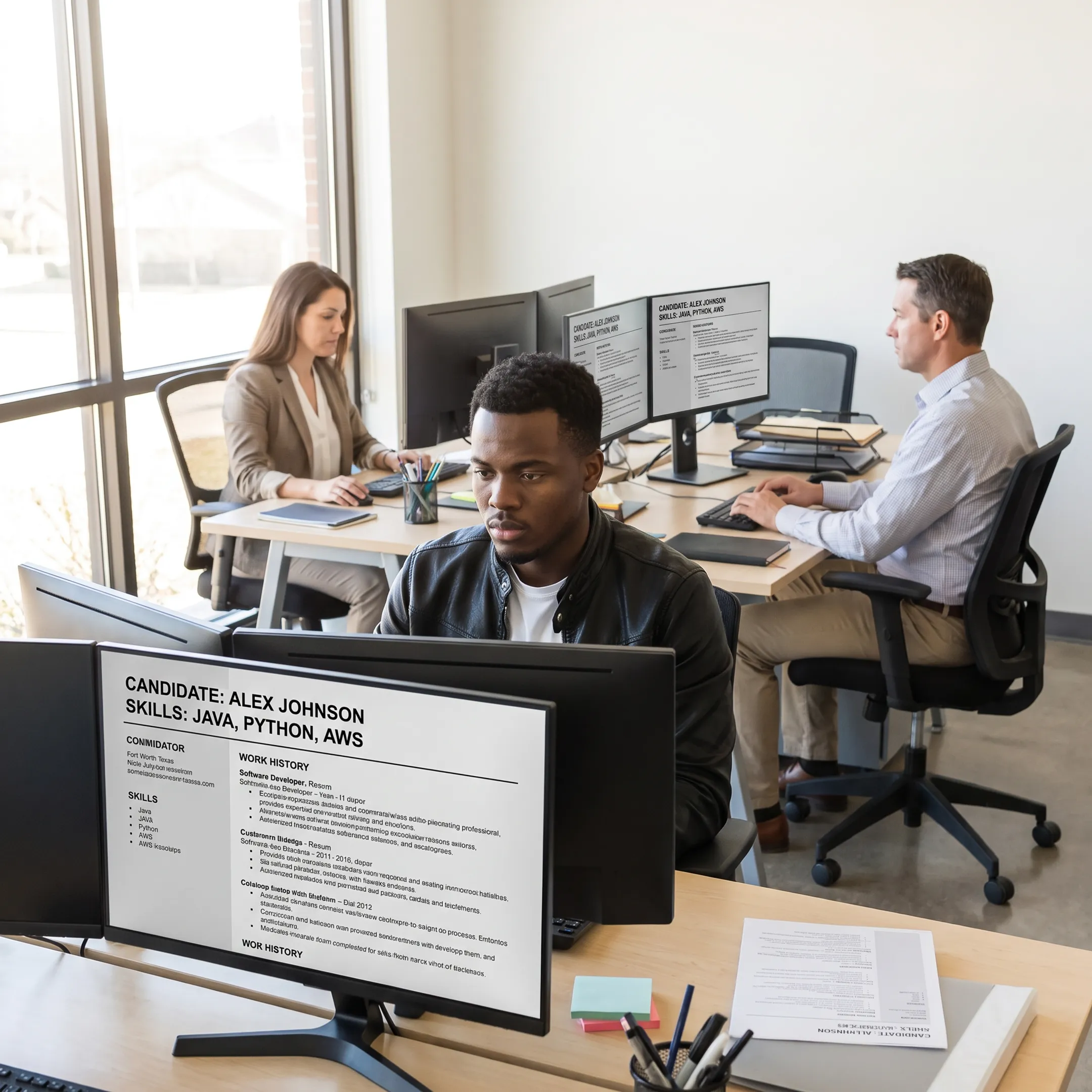 Fort Worth IT recruiters discussing technical candidate profiles in a modern office