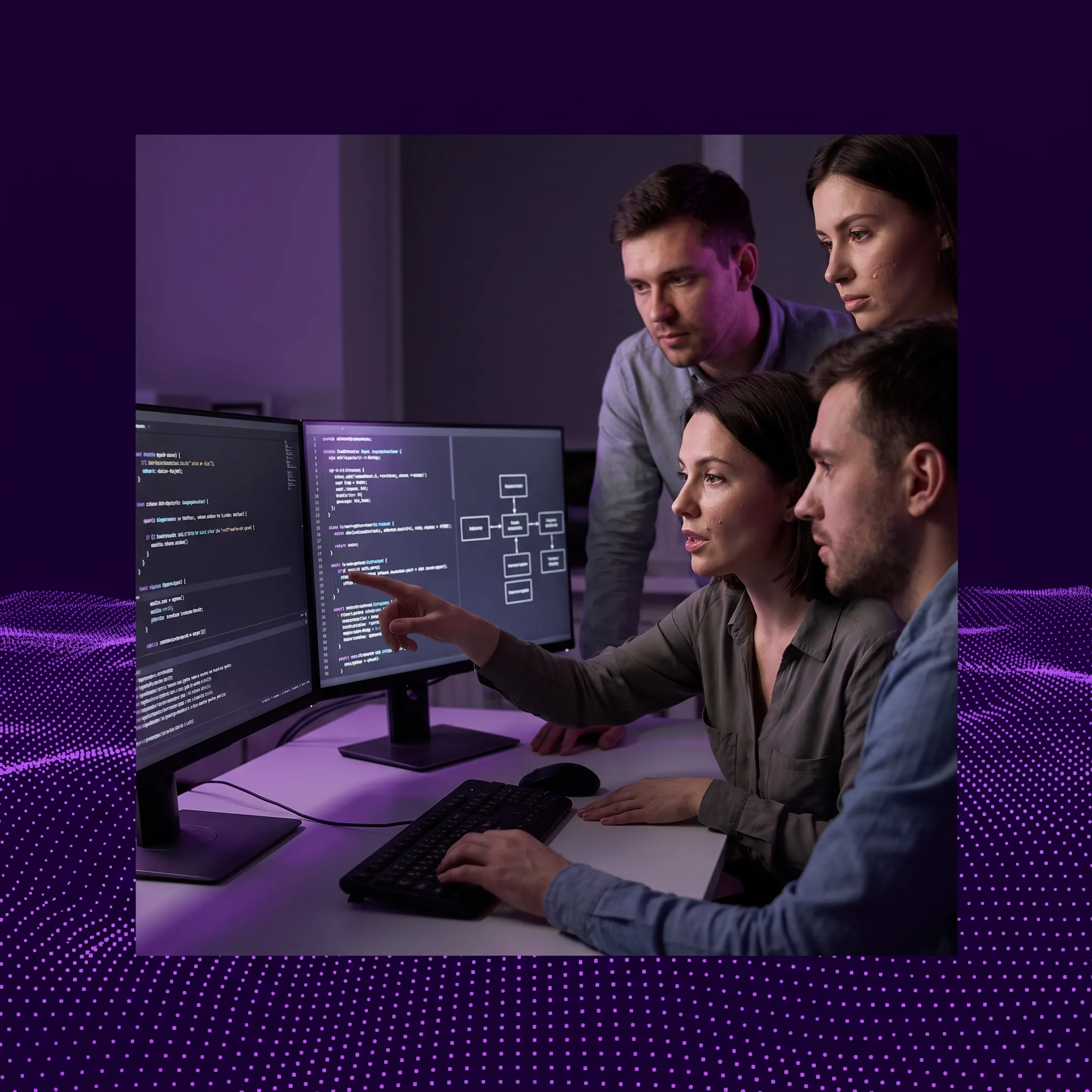Technical recruiters and software engineers collaborating in a modern office environment