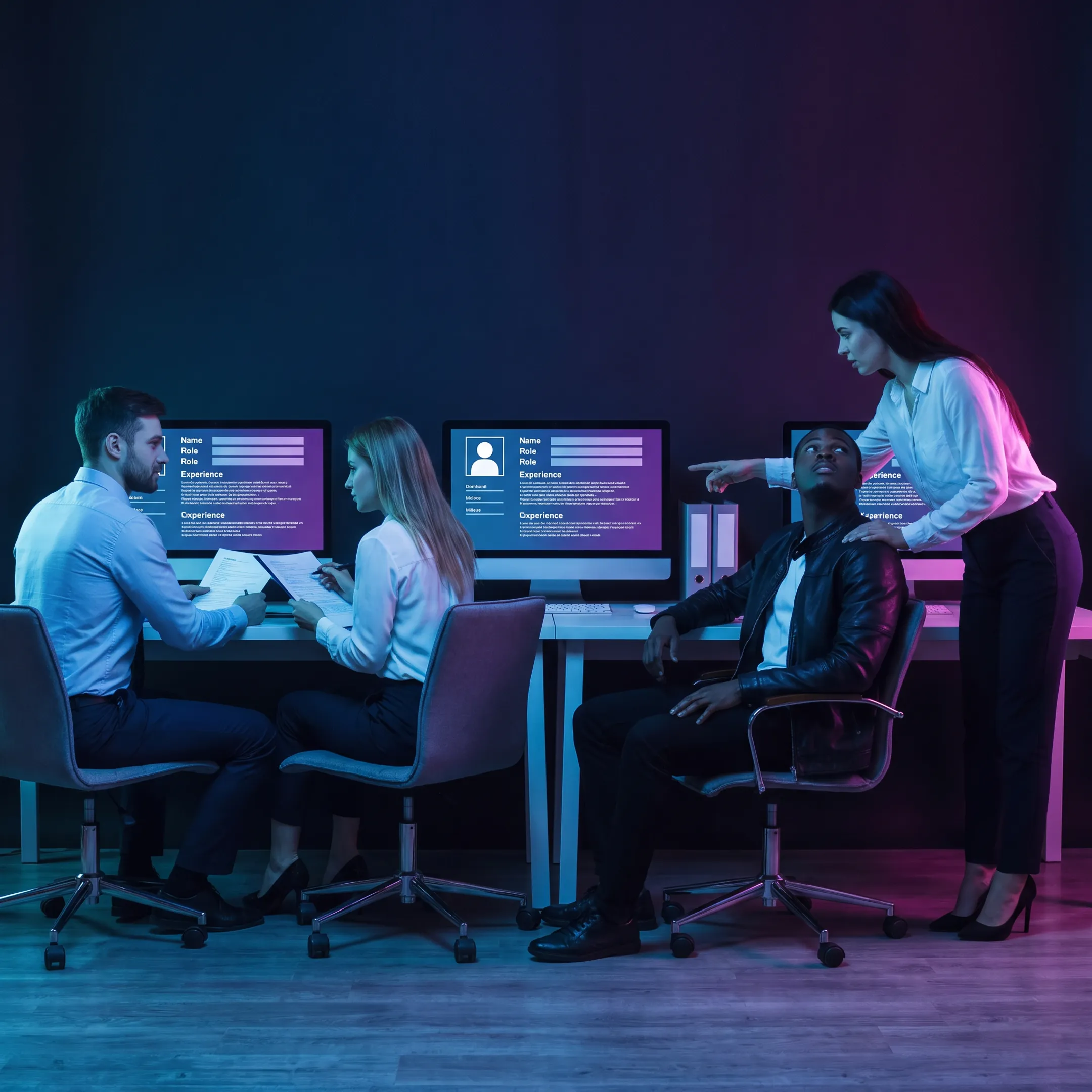 Tech recruiters discussing candidate profiles in a modern Minneapolis office setting