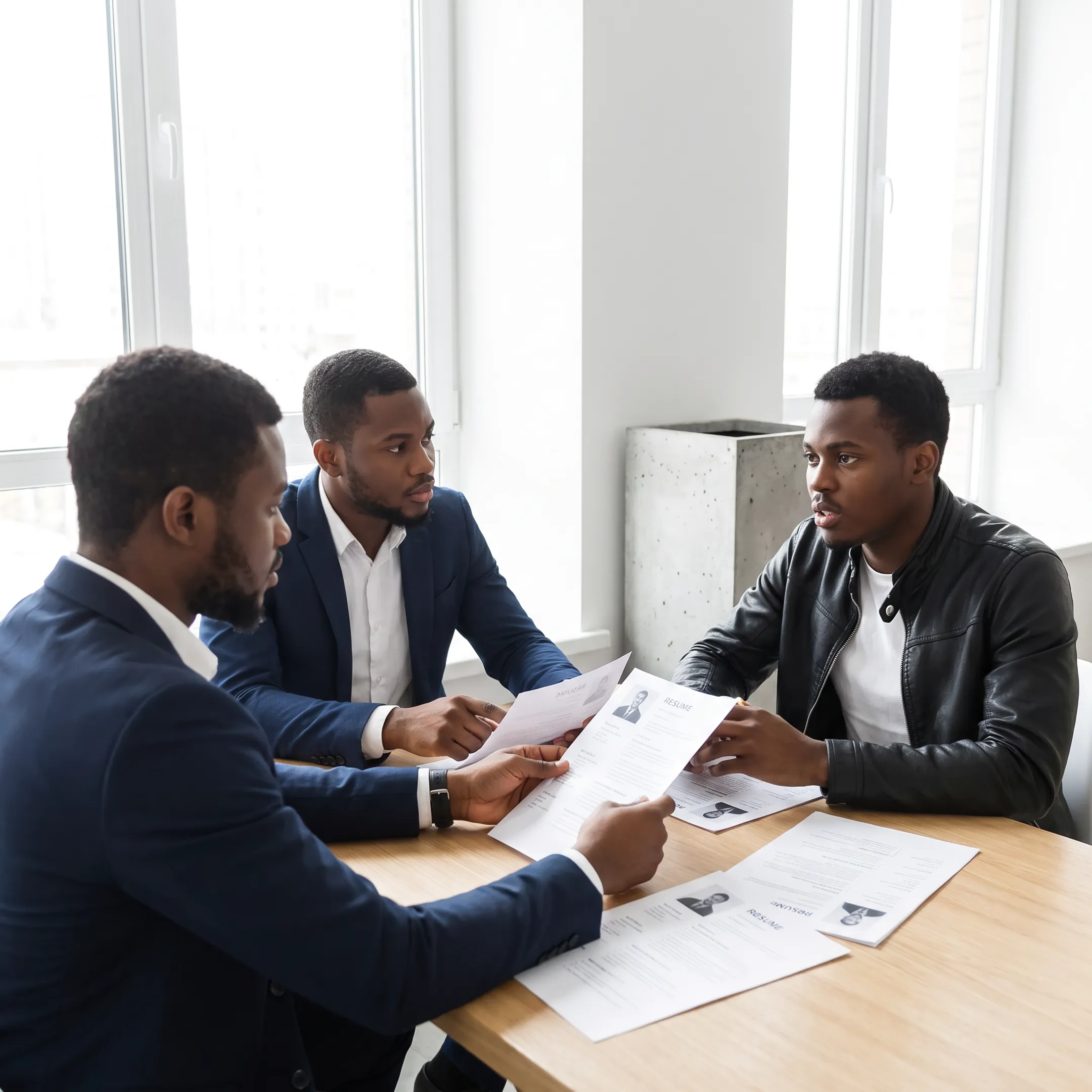 Technical hiring manager interviewing a prospective software engineer in an office setting
