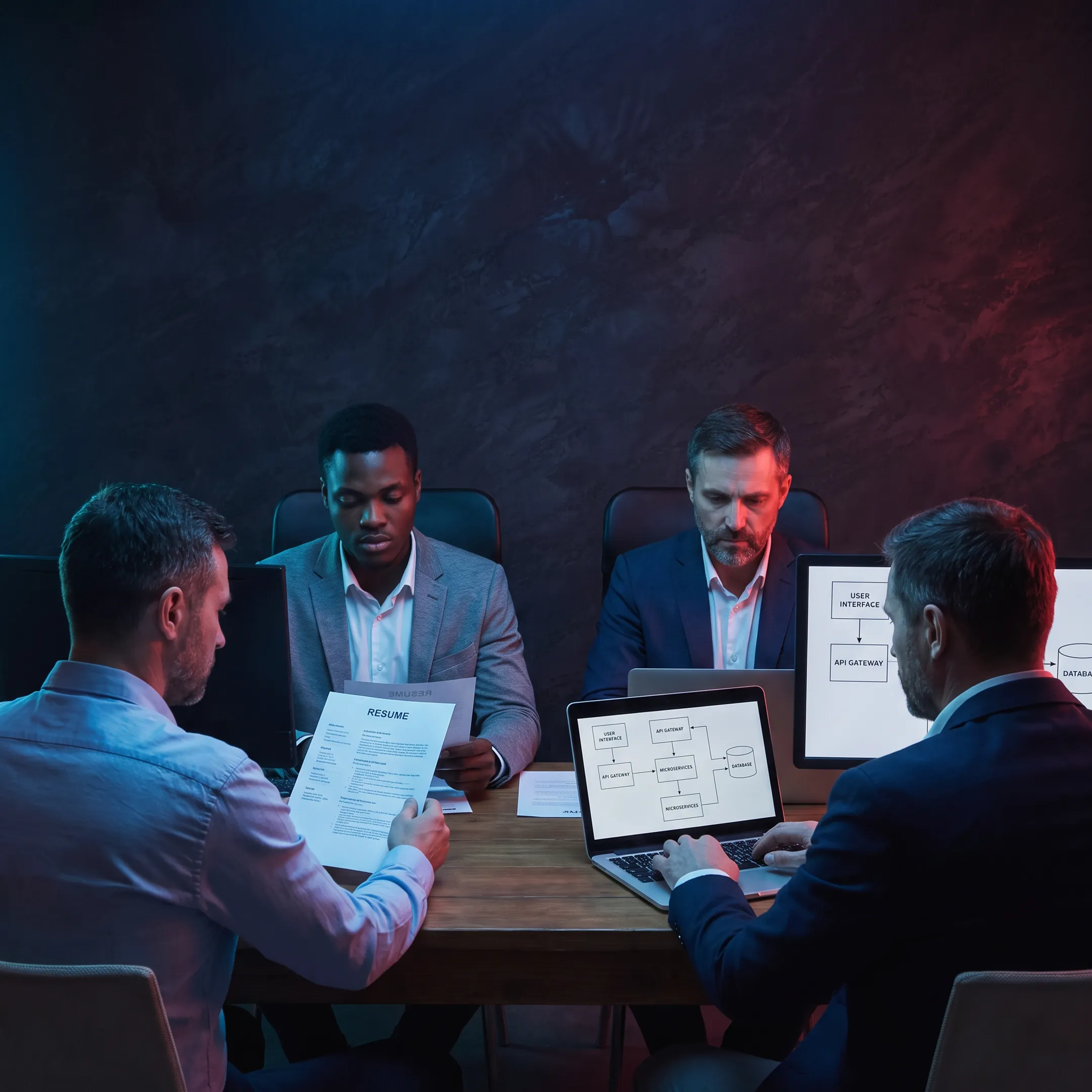 Technology recruitment professionals meeting to discuss technical staffing solutions