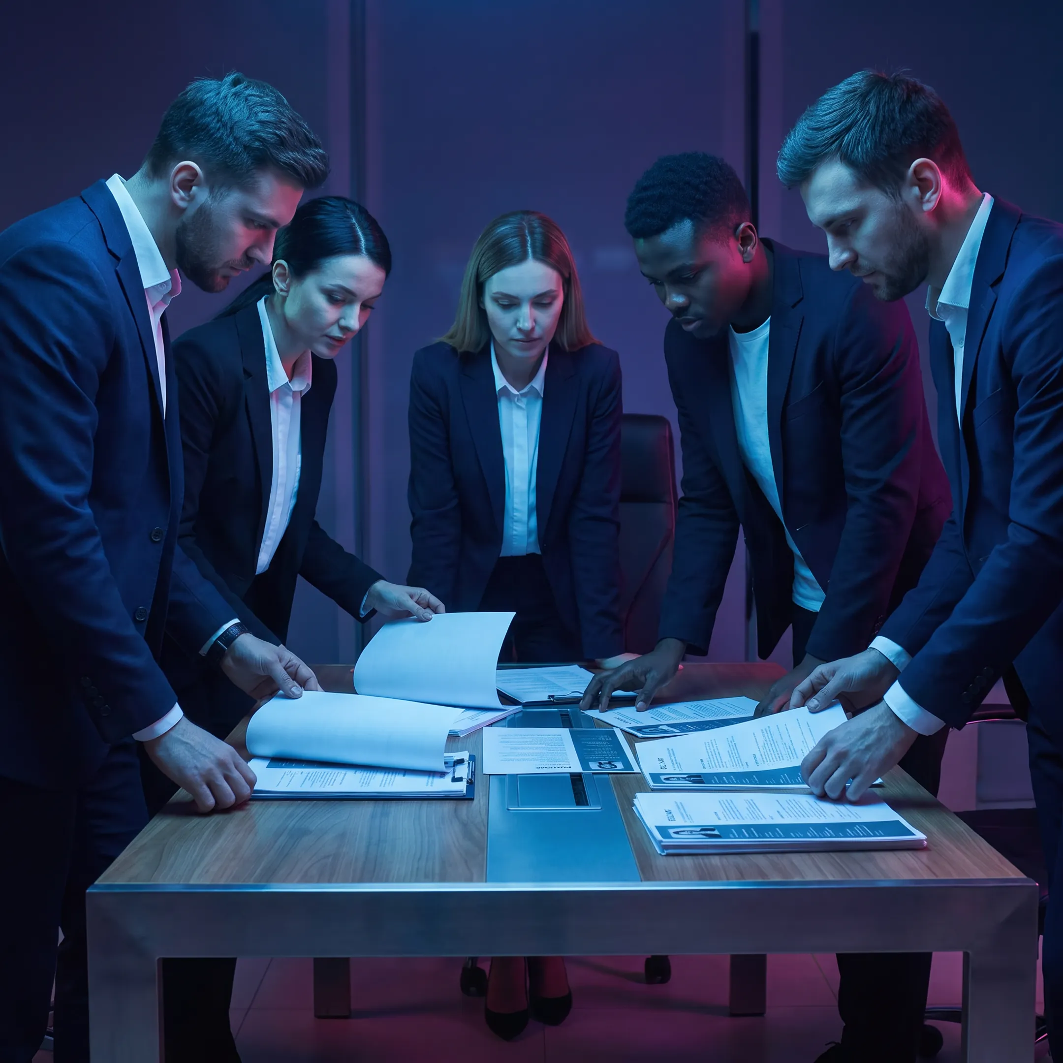 Recruitment team analyzing executive compliance profiles during the candidate vetting process
