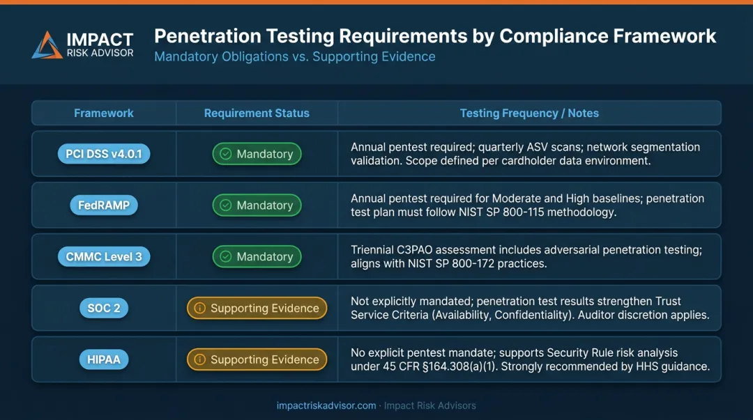 PCI DSS FedRAMP CMMC SOC 2 HIPAA penetration testing compliance requirements comparison chart