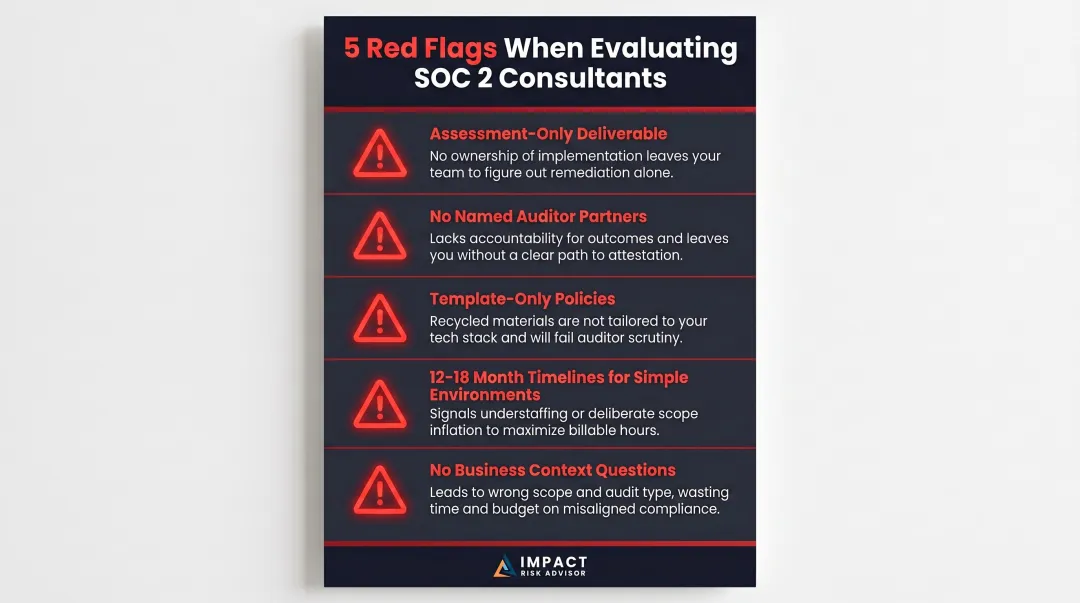 Five red flags to avoid when evaluating SOC 2 compliance consultants warning checklist