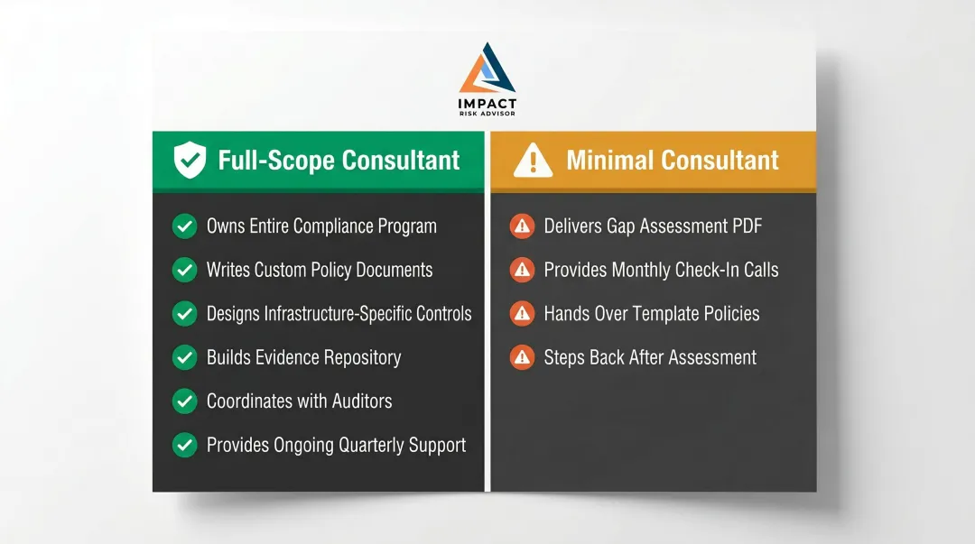 Full-scope versus minimal SOC 2 consultant deliverables side-by-side comparison
