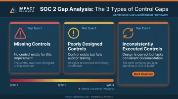 Three SOC 2 gap types classification infographic from missing to inconsistent controls