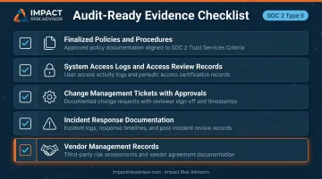 SOC 2 evidence collection checklist showing five key audit documentation categories