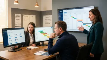 Business team reviewing ongoing compliance program on office monitors and dashboards