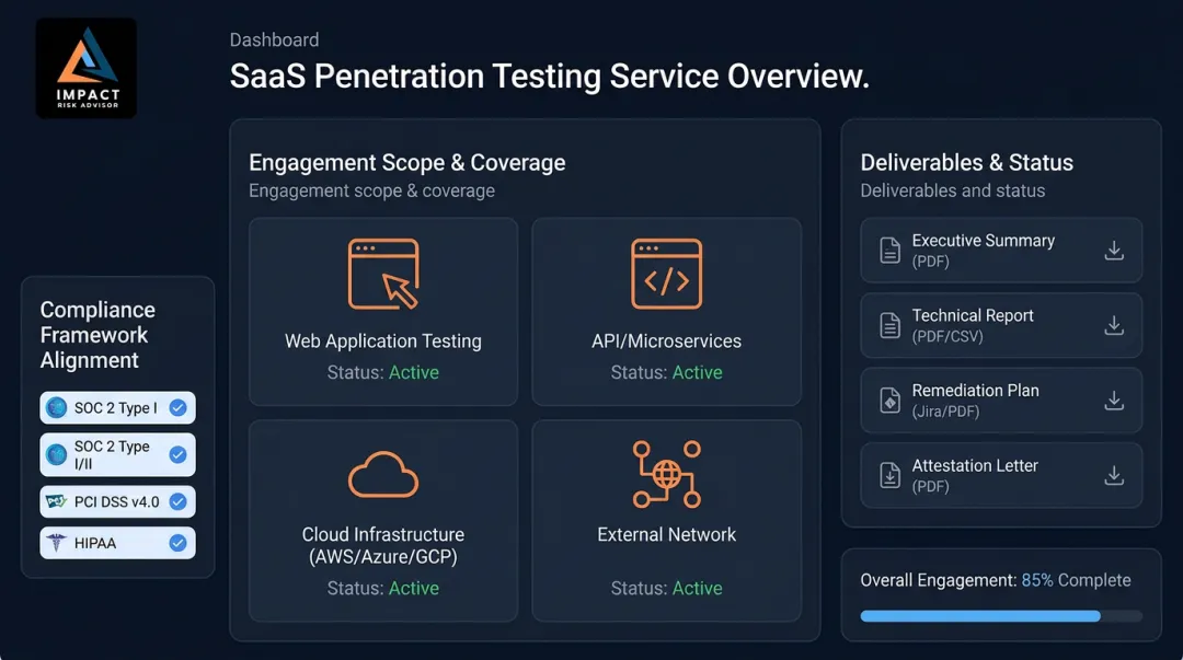 Impact Risk Advisors penetration testing engagement services and compliance framework coverage