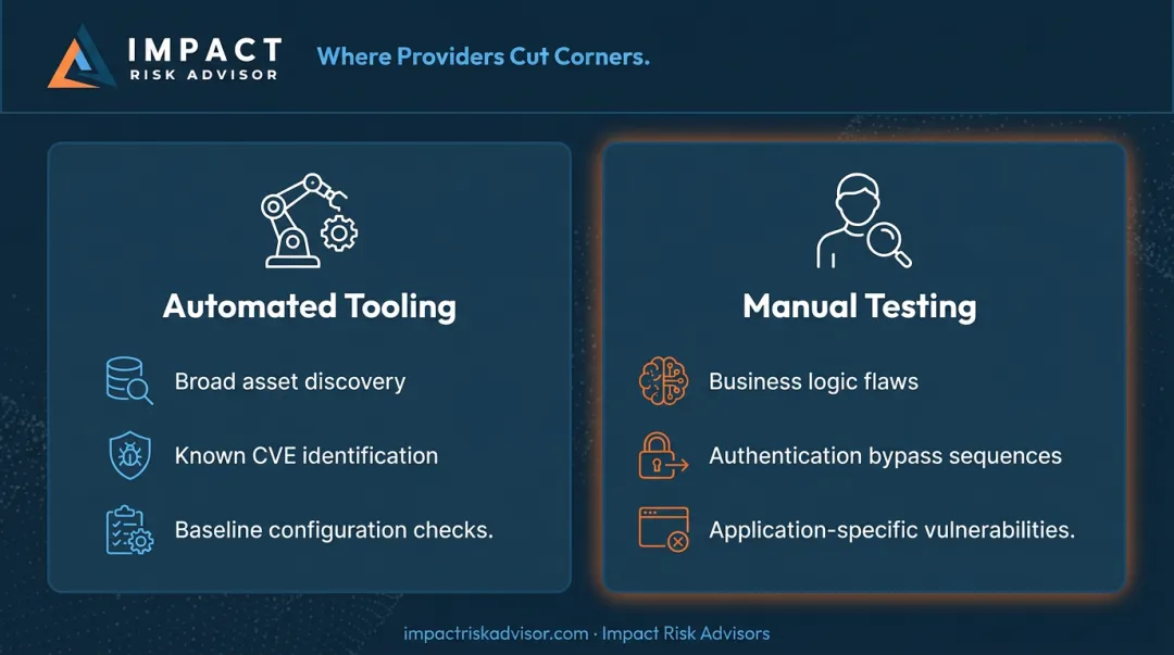 Manual versus automated penetration testing capabilities side-by-side comparison infographic