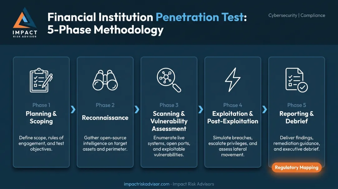 Five-phase financial institution penetration testing methodology process flow diagram