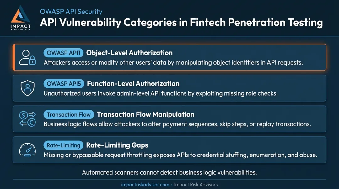 Fintech API attack surface vulnerabilities and business logic testing coverage breakdown