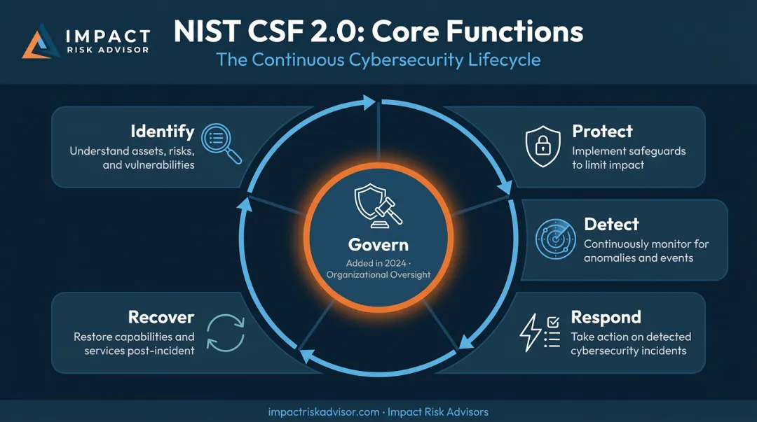 NIST CSF 2.0 six core functions wheel diagram with Govern at center