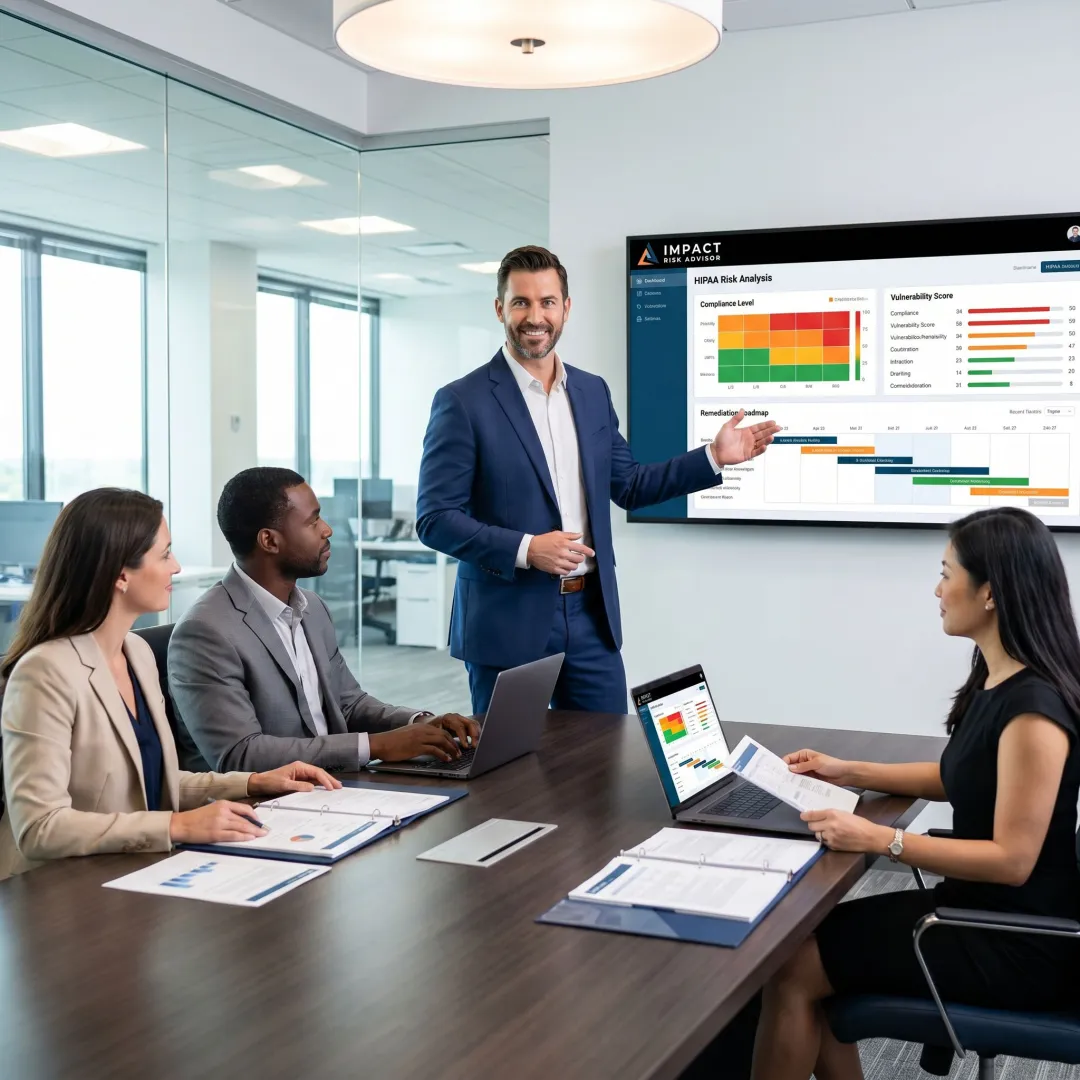 Consultant presenting HIPAA security roadmap to healthcare leadership