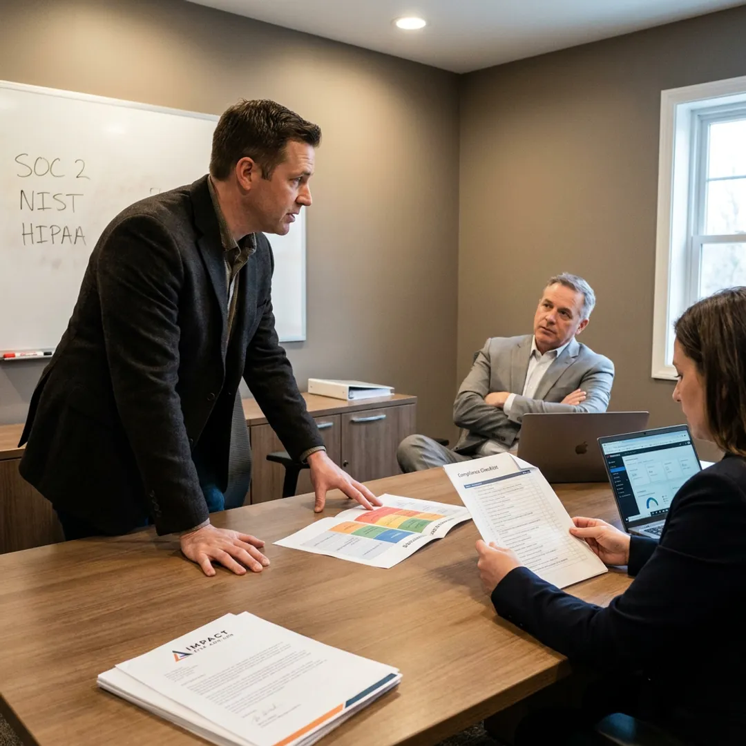 Cybersecurity consultant presenting assessment process