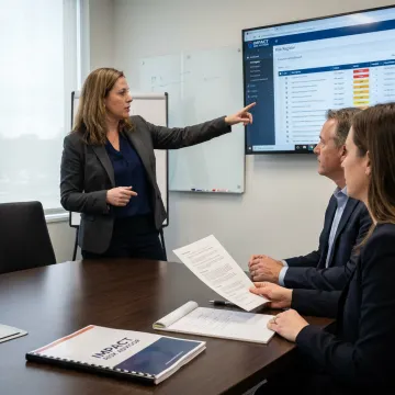 Consultant presenting cybersecurity risk assessment findings