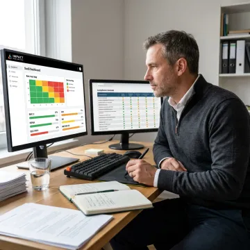 Cybersecurity analyst reviewing business risk assessment data