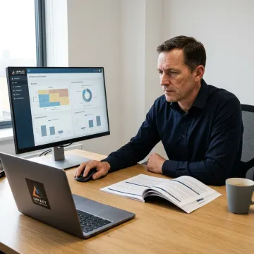 Cybersecurity consultant reviewing risk assessment data