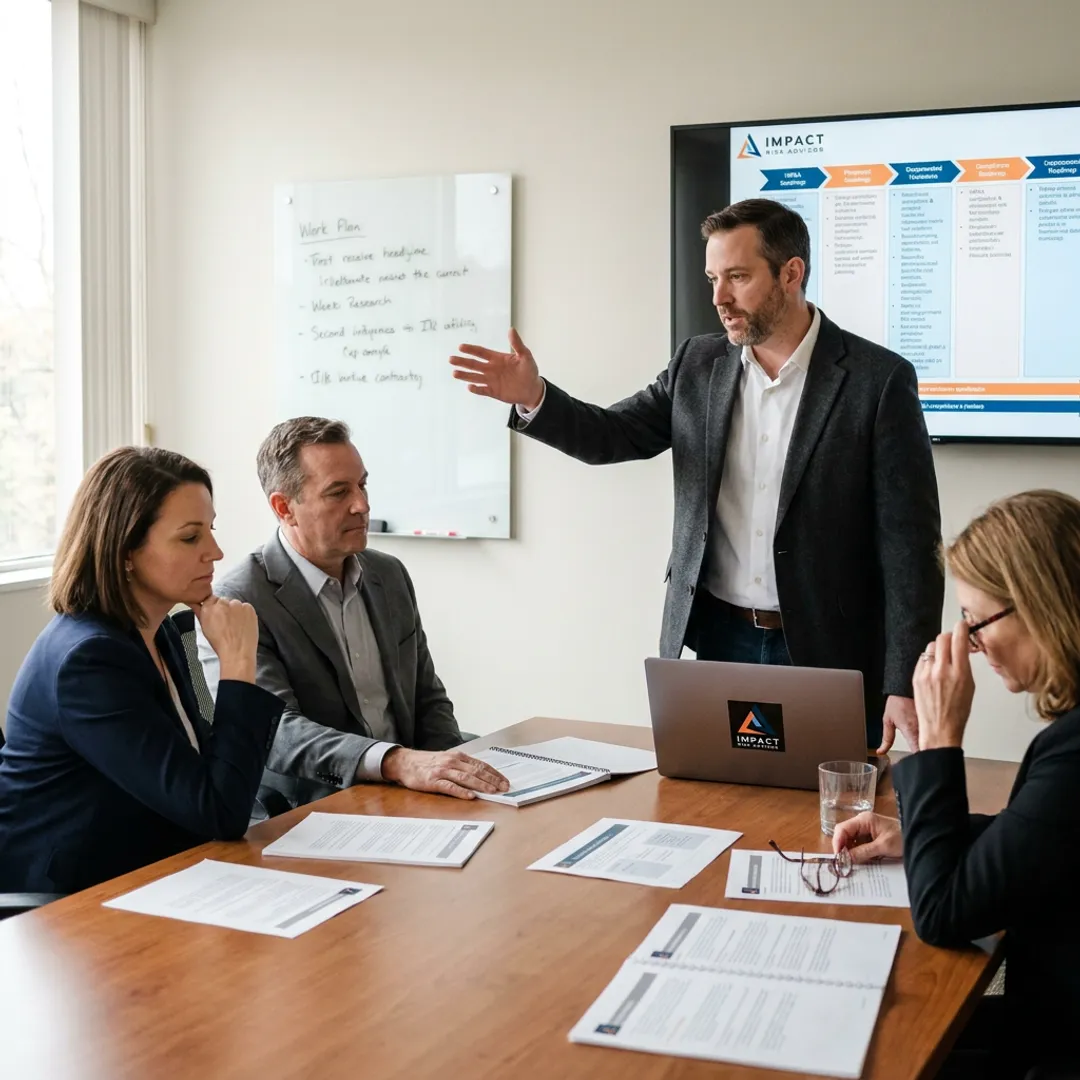 Consultant presenting HIPAA cybersecurity roadmap to healthcare leaders