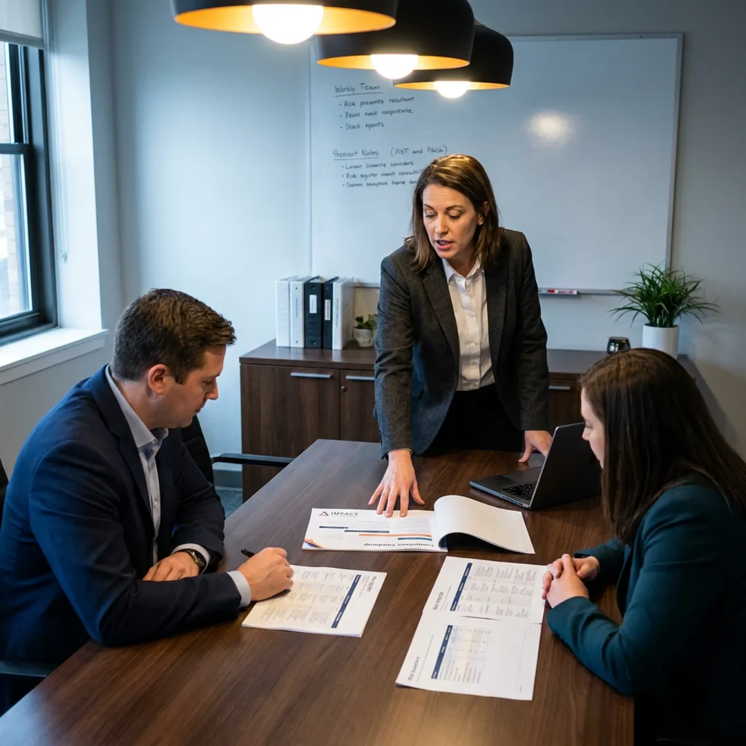 Consultant reviewing cybersecurity compliance strategy
