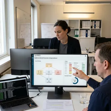 Healthcare cybersecurity penetration testing team reviewing systems