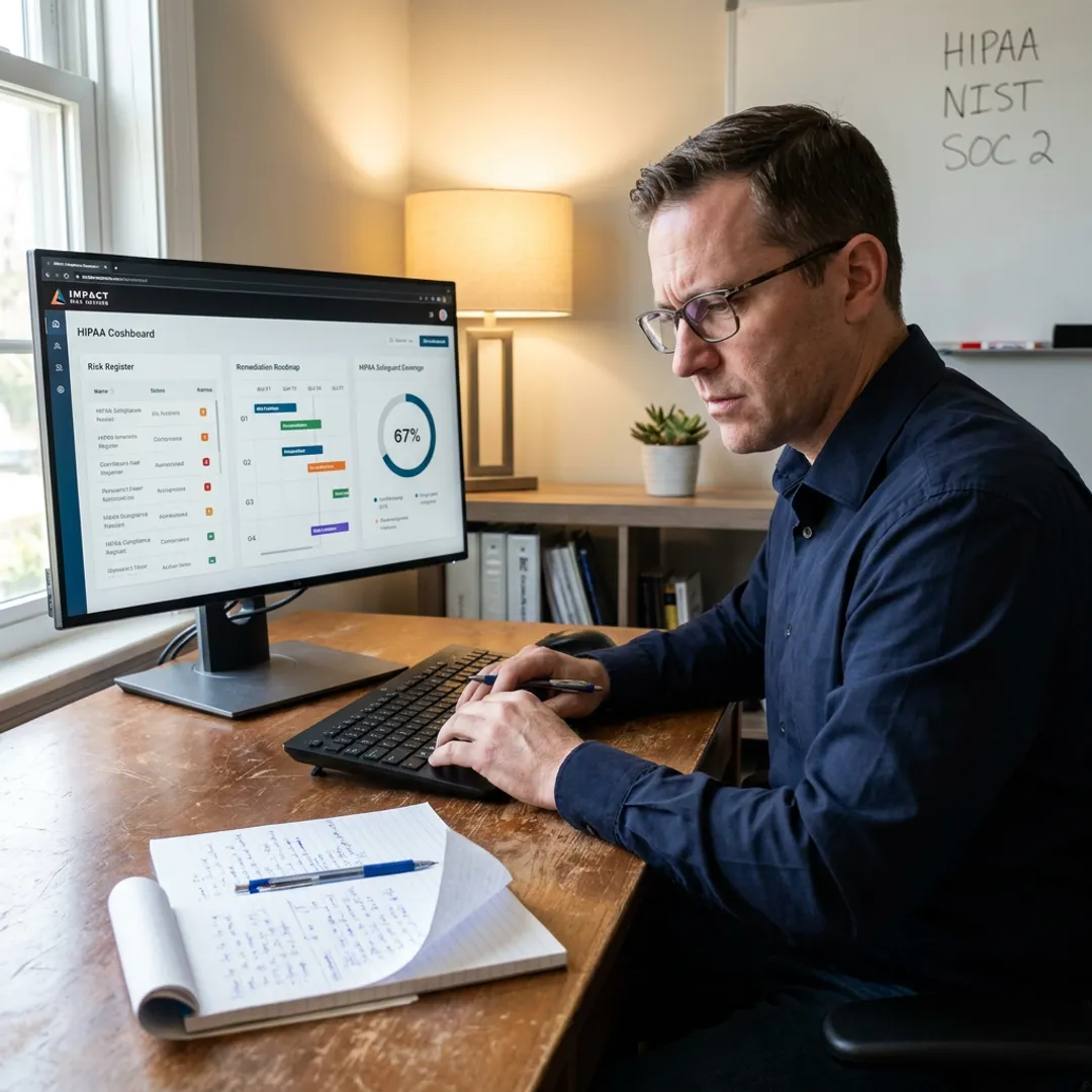 Consultant reviewing HIPAA compliance gaps and remediation priorities