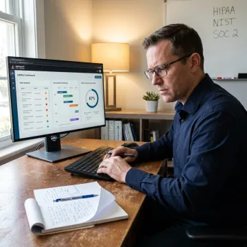 Consultant reviewing HIPAA compliance gaps and remediation priorities
